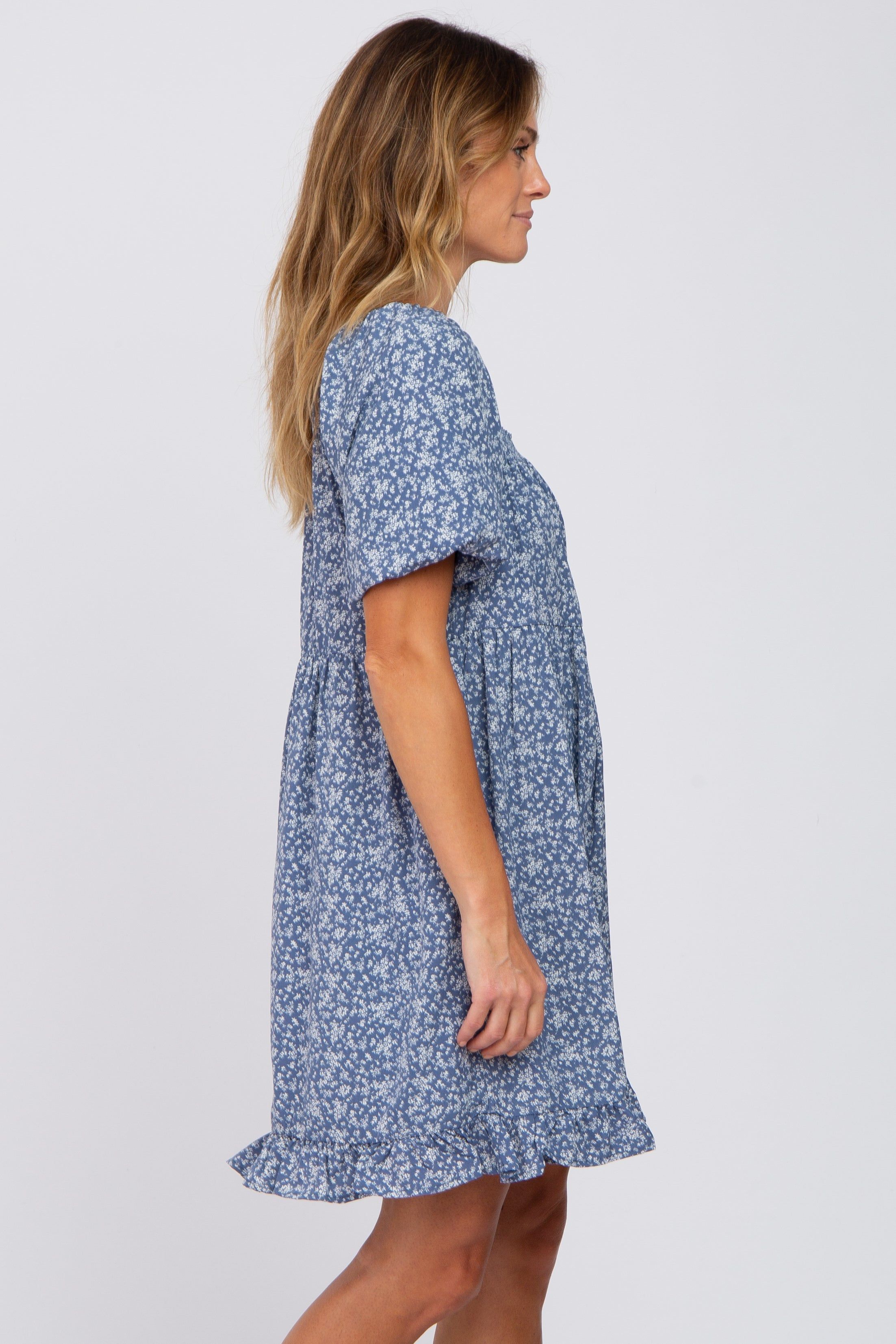 Blue Floral Smocked Square Neck Puff Short Sleeve Dress sold by Pinkblush product image thumbnail 2