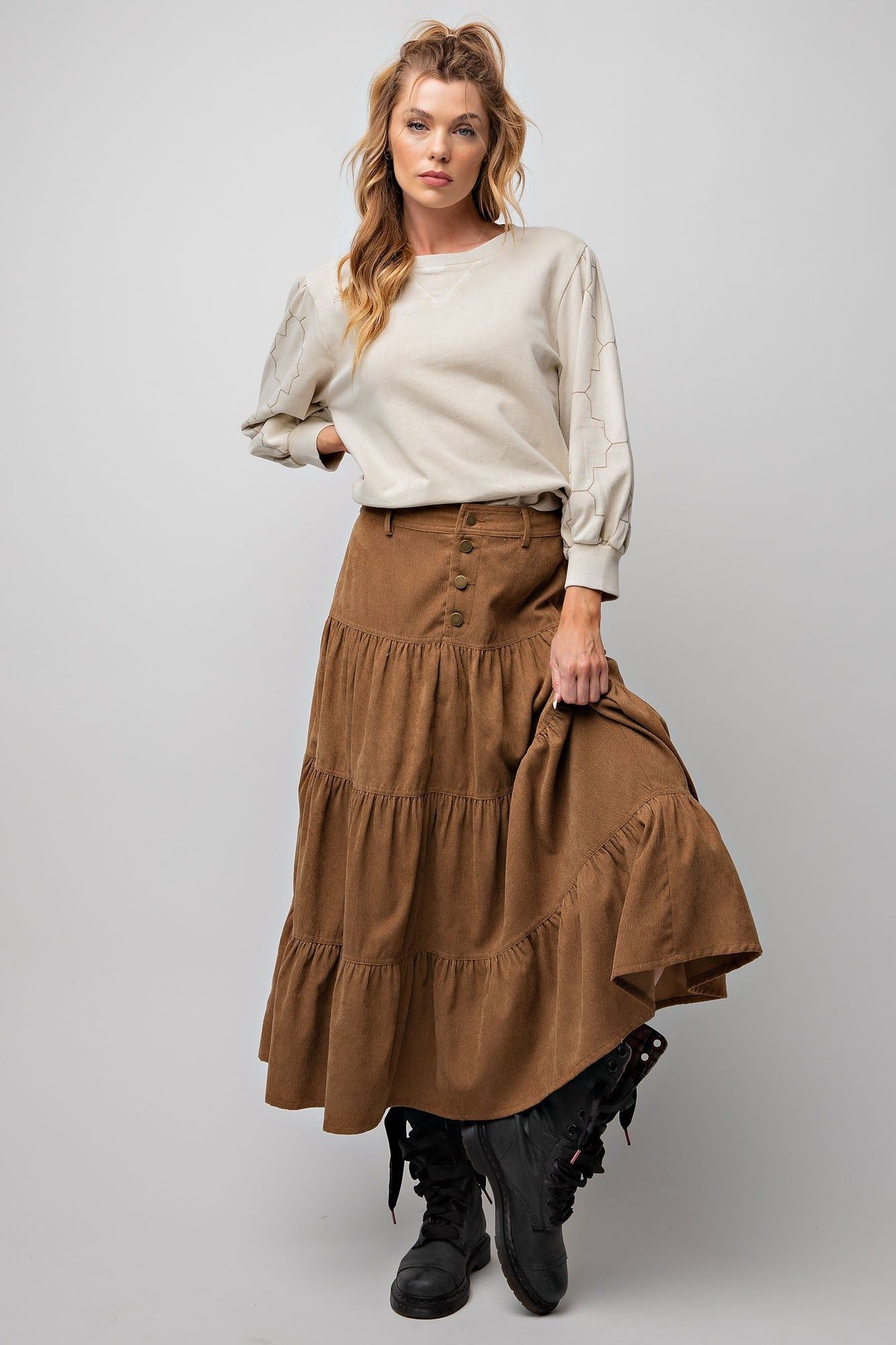 Camel Boho Corduroy Midi Skirt sold by Pinkblush