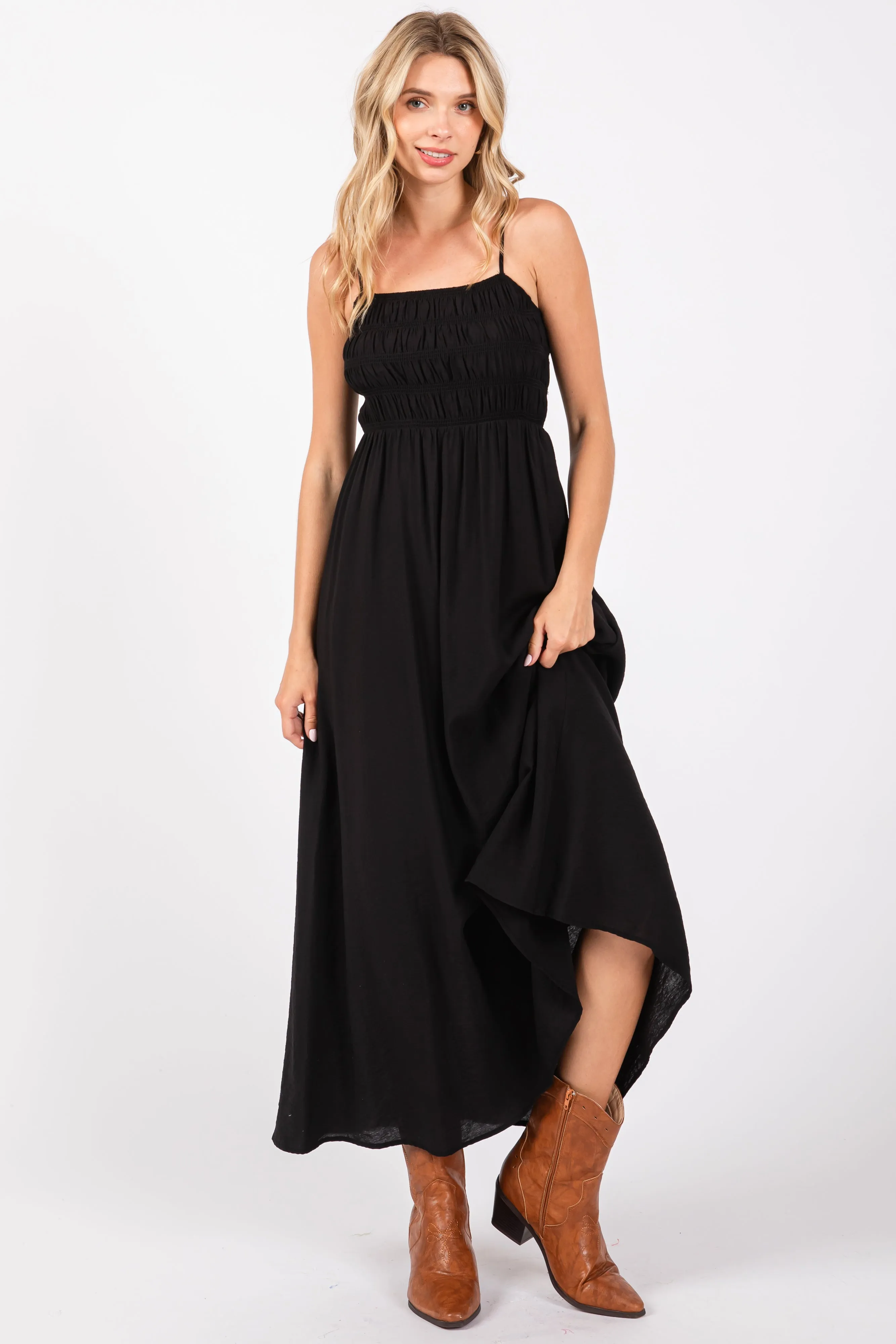 Black Smocked Cutout Lace Up Back Maxi Dress sold by Pinkblush product image thumbnail 4