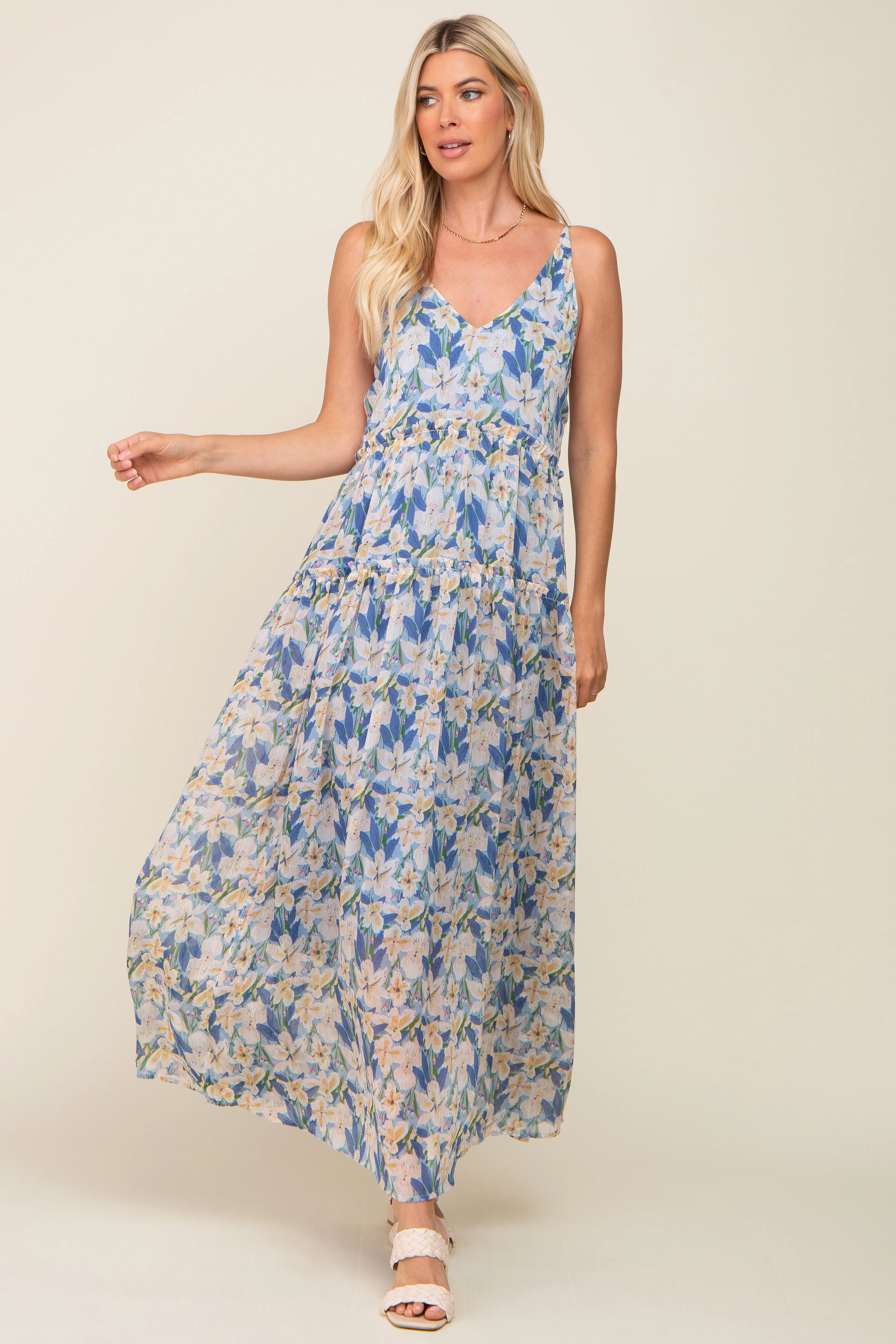 Blue Floral Chiffon Sleeveless Maxi Dress sold by Pinkblush product image thumbnail 4