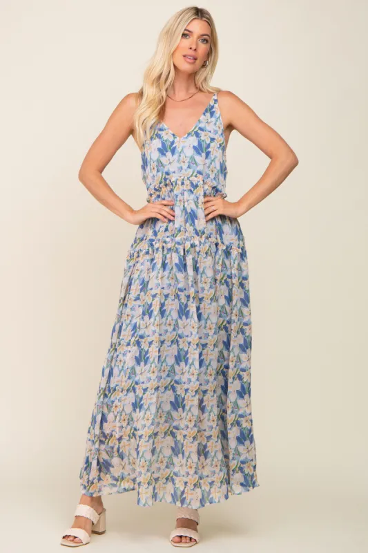 Blue Floral Chiffon Sleeveless Maxi Dress sold by Pinkblush