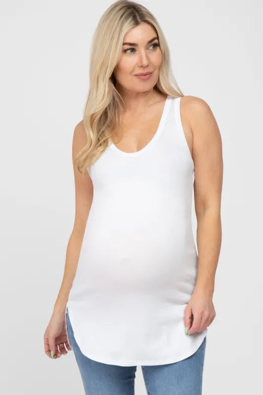 White Racerback Curved Hem Maternity Tank Top sold by Pinkblush
