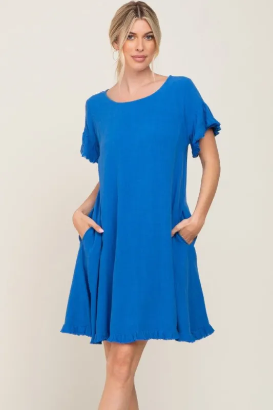 Royal Blue Fringe Linen Dress sold by Pinkblush