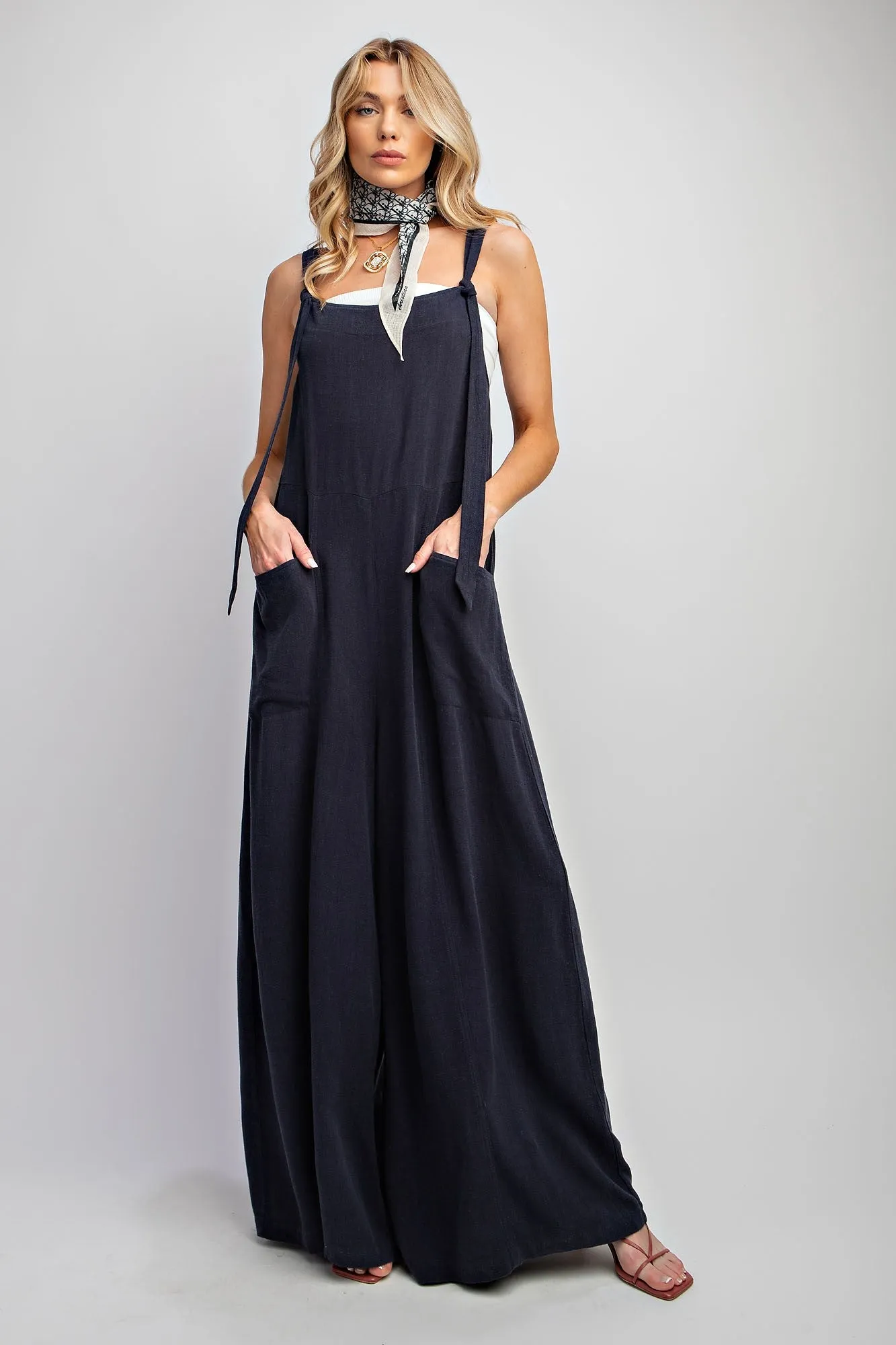 Dark Navy Linen Wide Leg Jumpsuit Pants sold by Pinkblush