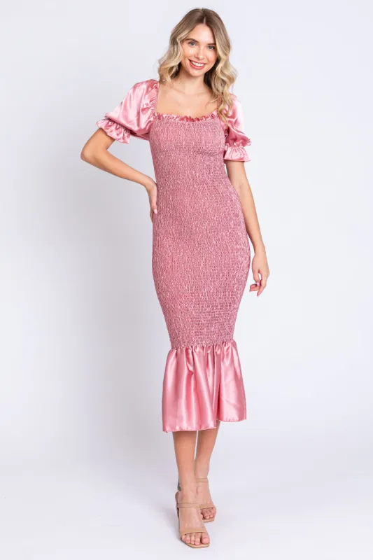 Pink Smocked Satin Midi Dress sold by Pinkblush