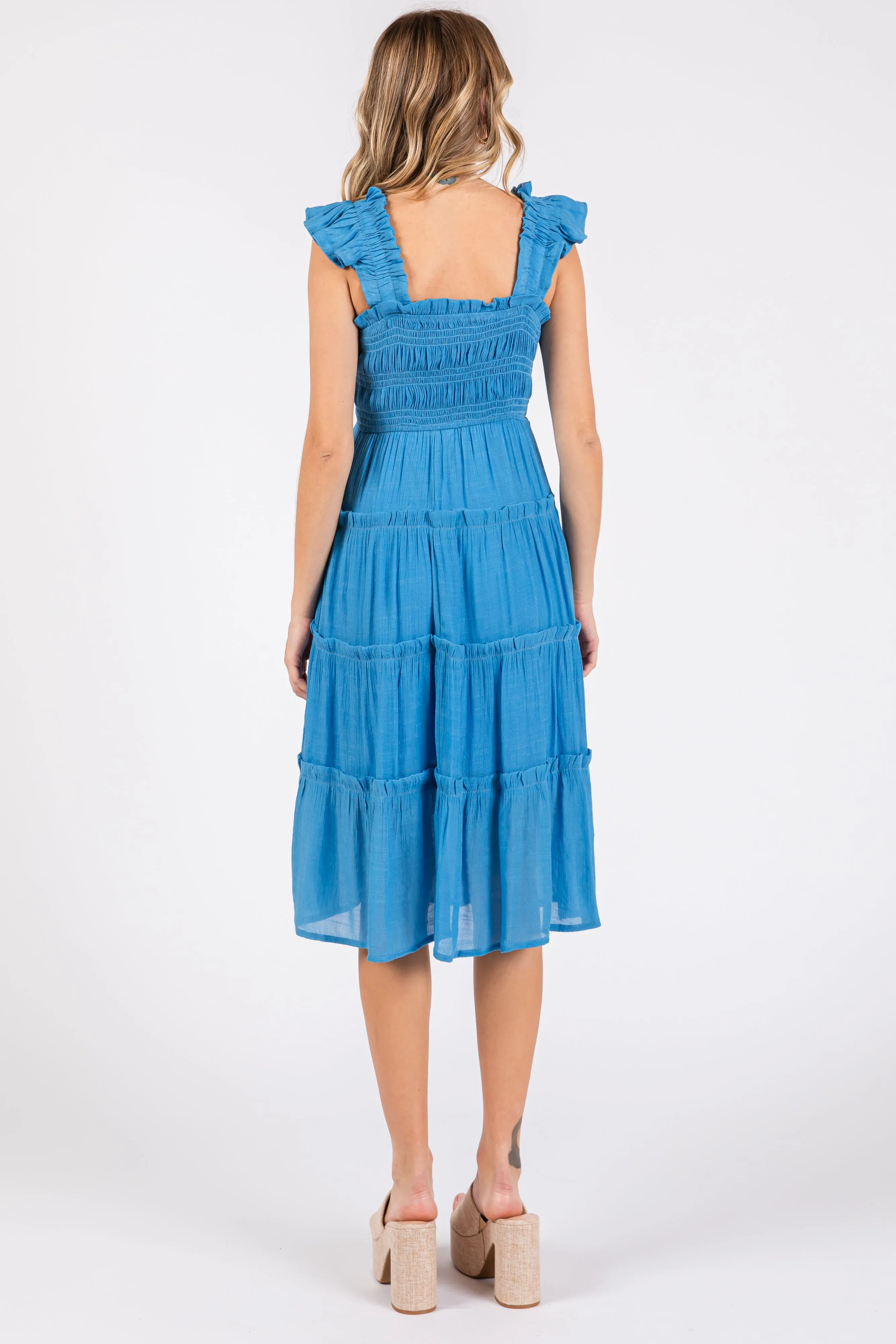 Blue Sleeveless Smocked Tiered Midi Dress sold by Pinkblush product image thumbnail 3