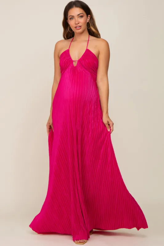 Fuchsia Plisse Halter Back Tie Maternity Maxi Dress sold by Pinkblush