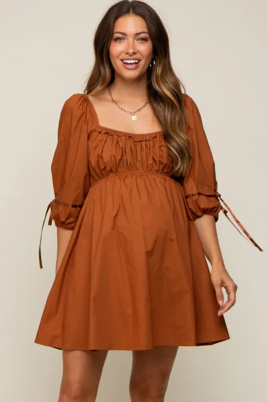 Rust Ruched Puff Sleeve Maternity Dress sold by Pinkblush
