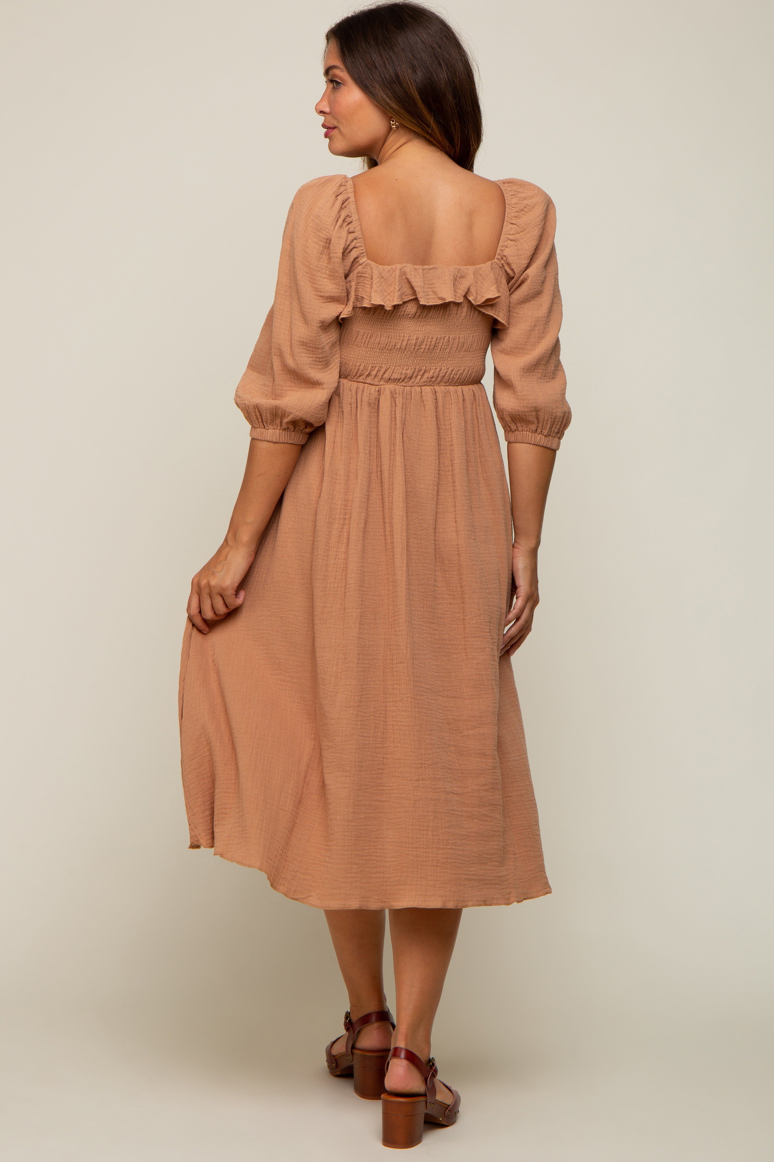 Taupe Gauze Smocked Maternity Midi Dress sold by Pinkblush product image thumbnail 4