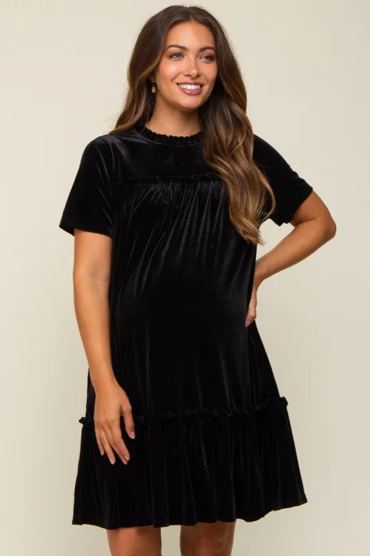 Black Ruffle Accent Velvet Maternity Dress sold by Pinkblush