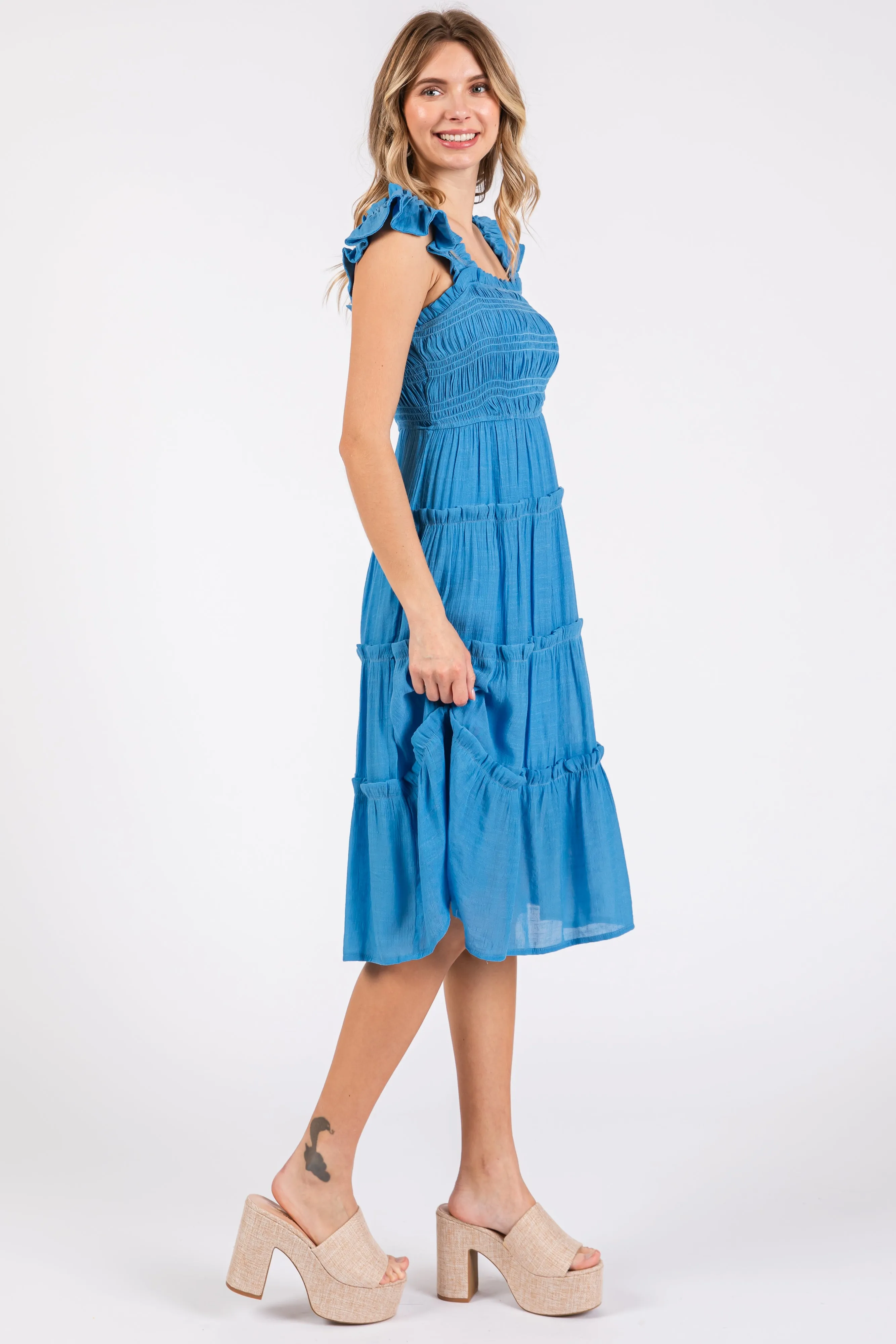 Blue Sleeveless Smocked Tiered Midi Dress sold by Pinkblush product image thumbnail 2