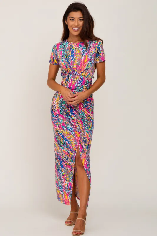 Fuchsia Multi-Color Floral Side Slit Maxi Dress made by Pinkblush