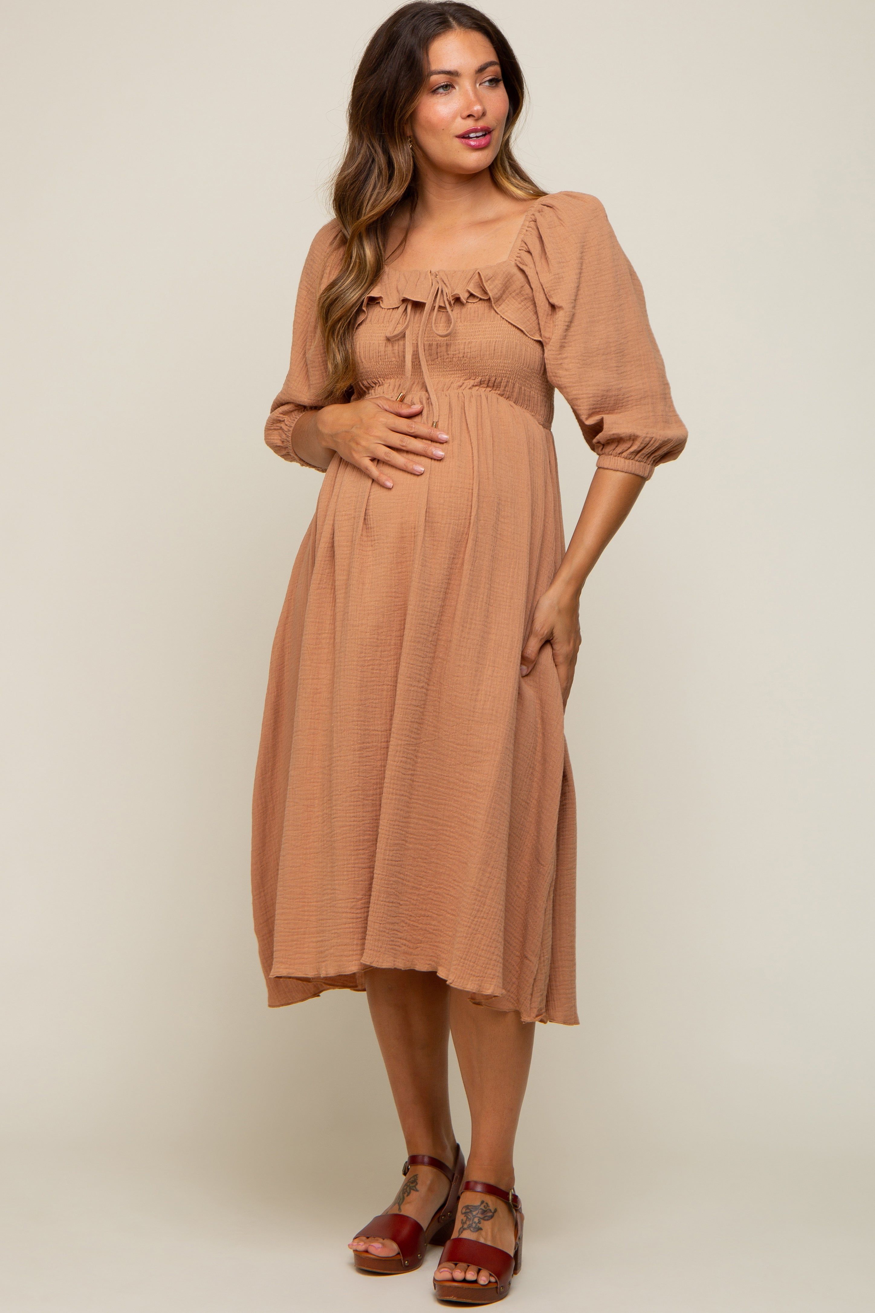 Taupe Gauze Smocked Maternity Midi Dress sold by Pinkblush product image thumbnail 5