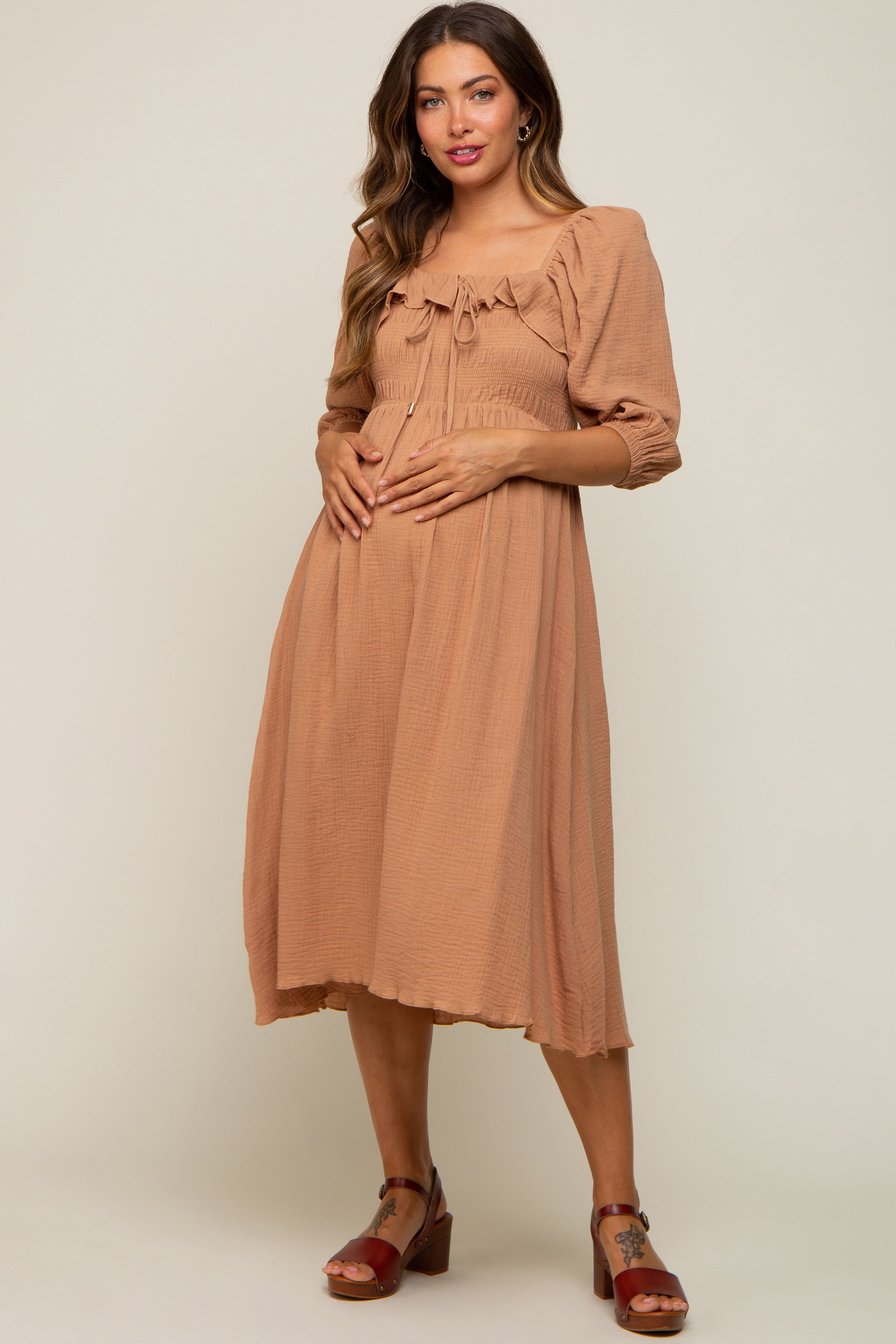 Taupe Gauze Smocked Maternity Midi Dress sold by Pinkblush product image thumbnail 2