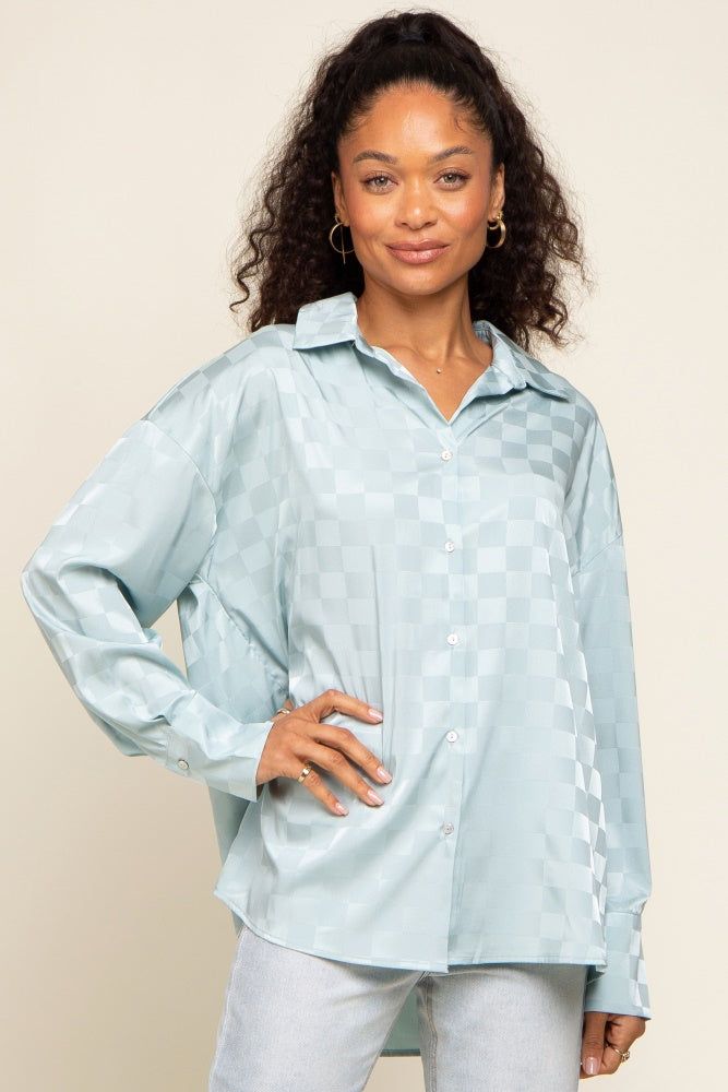 Light Blue Checkered Satin Button Up Top sold by Pinkblush
