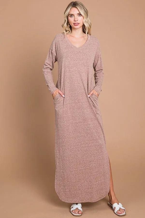 Mocha Heathered Pocketed Long Sleeve Maternity Maxi Dress sold by Pinkblush product image thumbnail 5