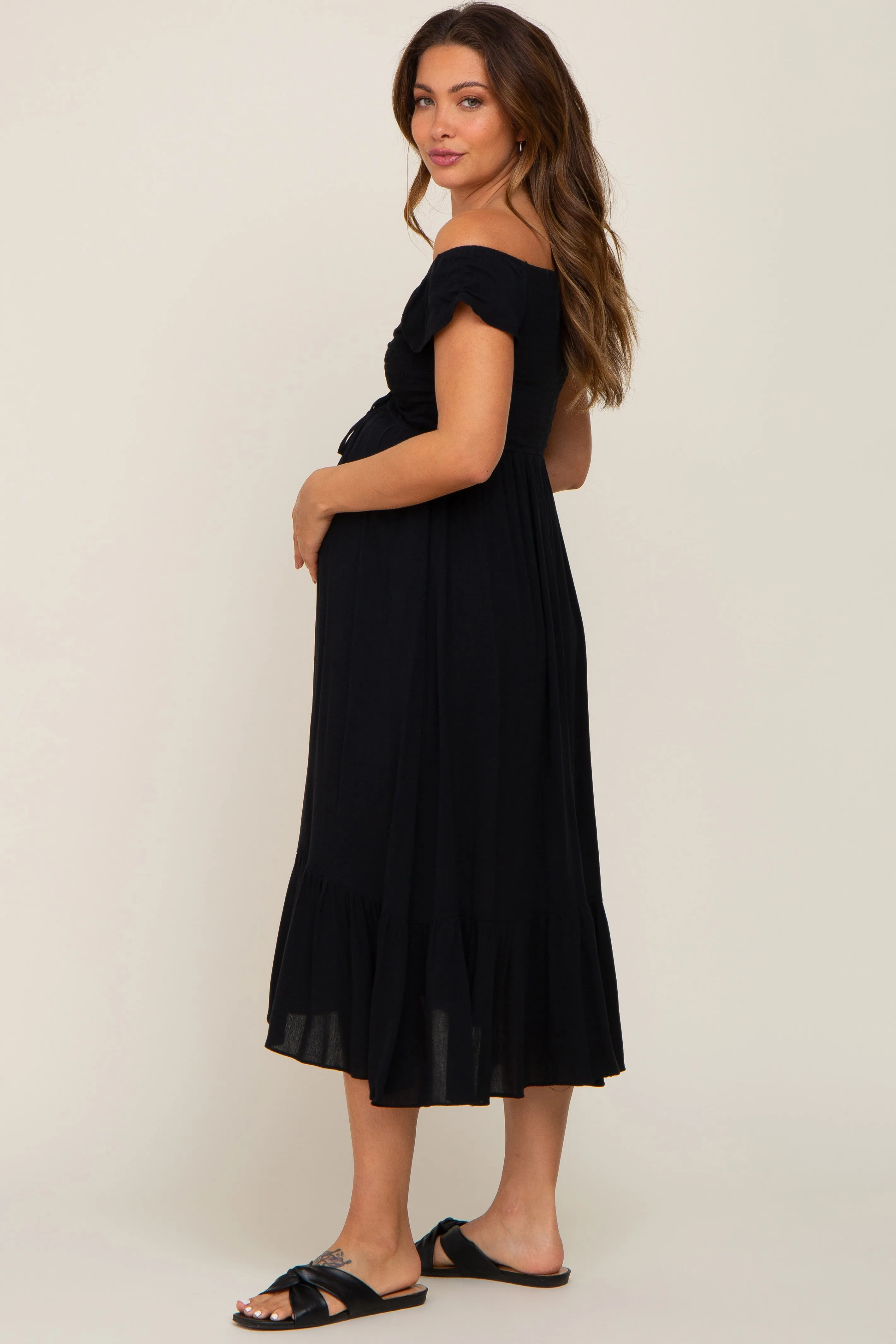 Black Smocked Ruched Ruffle Hem Maternity Maxi Dress sold by Pinkblush product image thumbnail 3