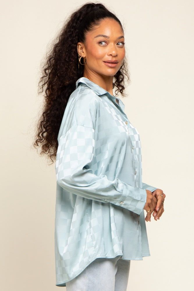 Light Blue Checkered Satin Button Up Top sold by Pinkblush product image thumbnail 2