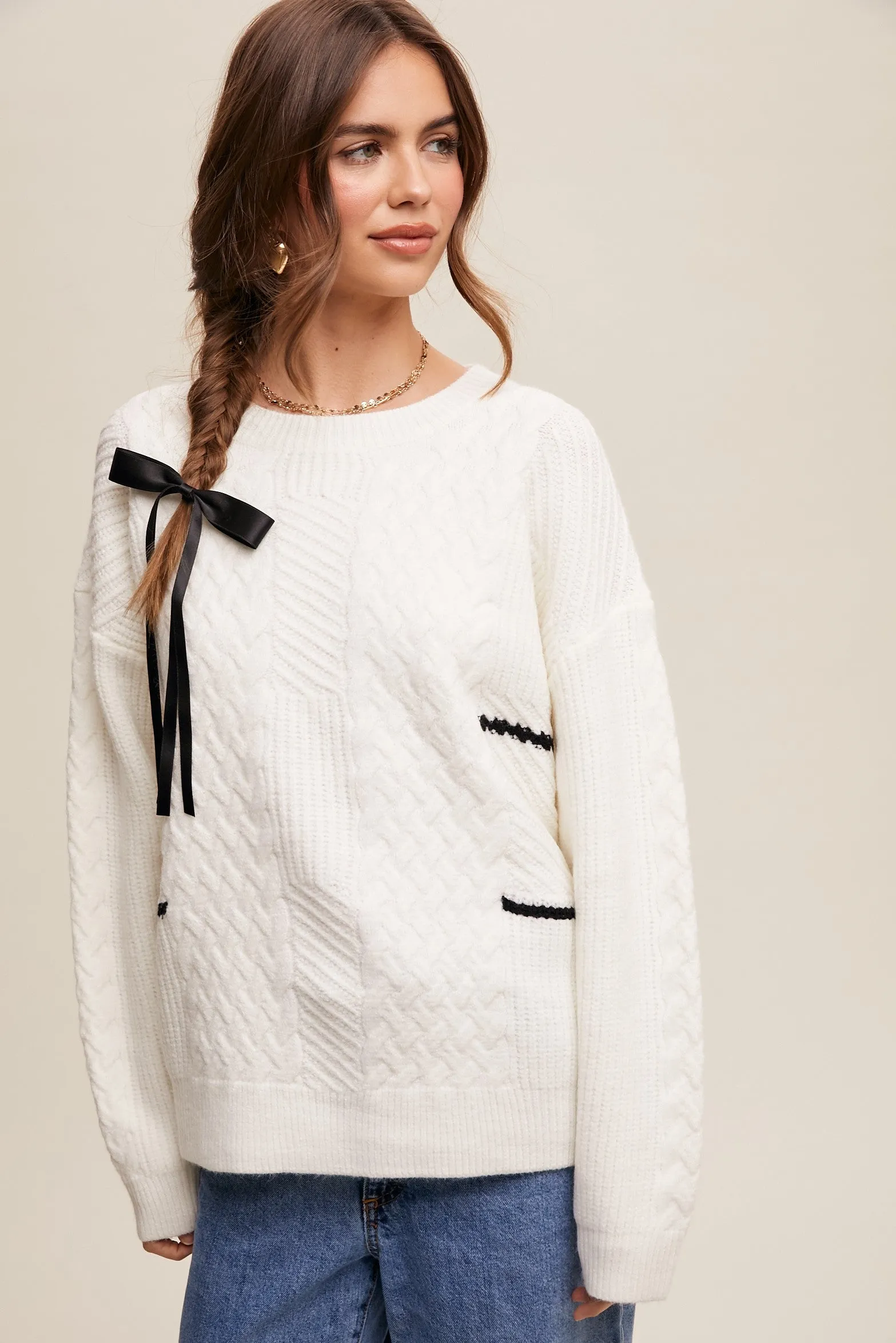 Ivory Striped Mixed Cable Knit Sweater sold by Pinkblush