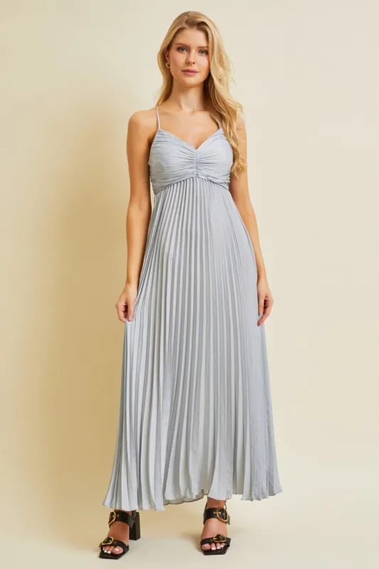 Silver Pleated Back Cutout Tie Maxi Dress sold by Pinkblush