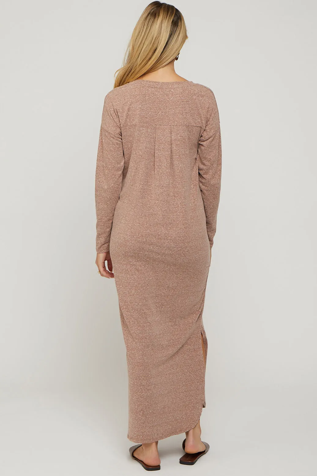 Mocha Heathered Pocketed Long Sleeve Maternity Maxi Dress sold by Pinkblush product image thumbnail 3