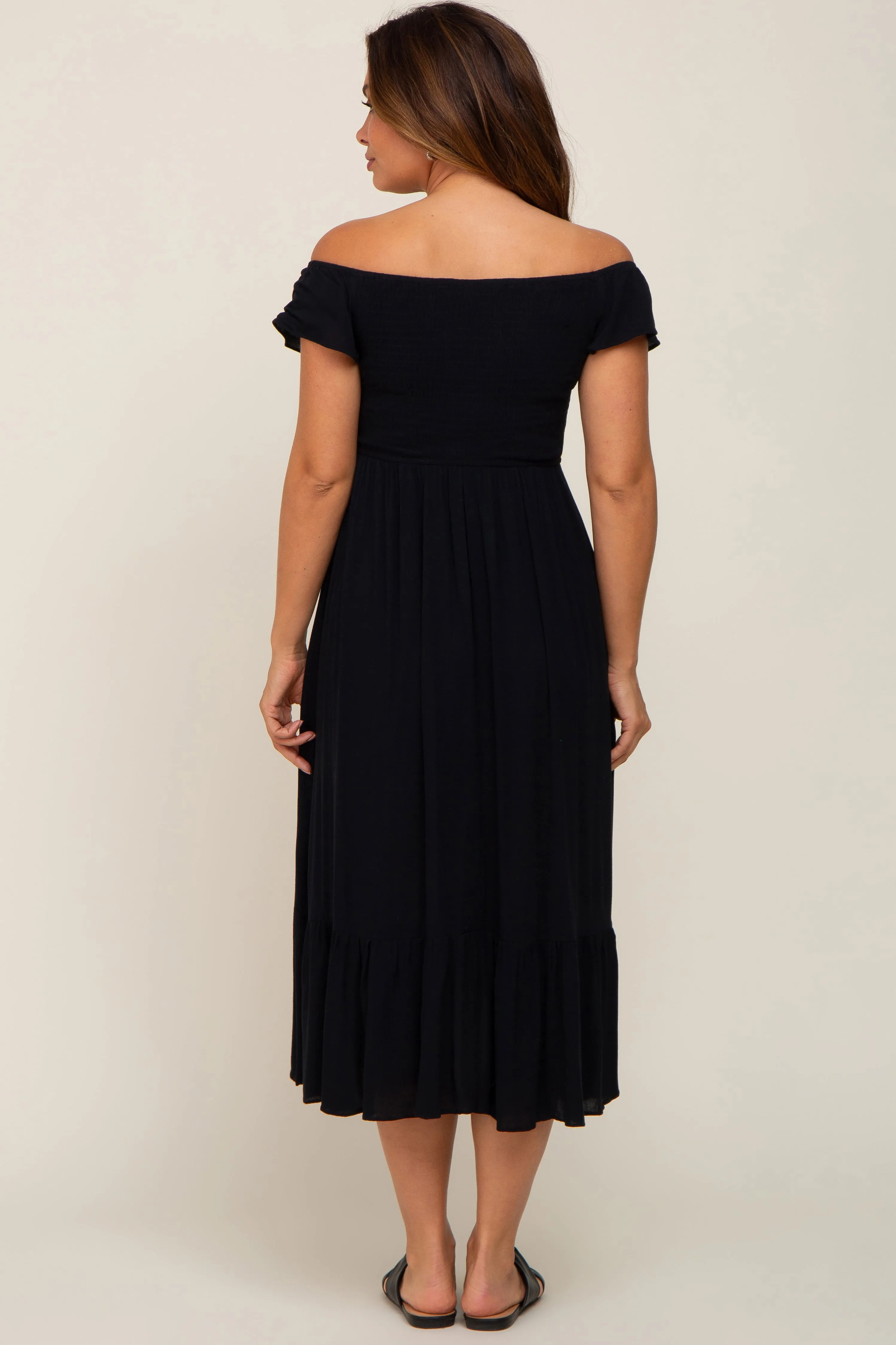 Black Smocked Ruched Ruffle Hem Maternity Maxi Dress sold by Pinkblush product image thumbnail 4