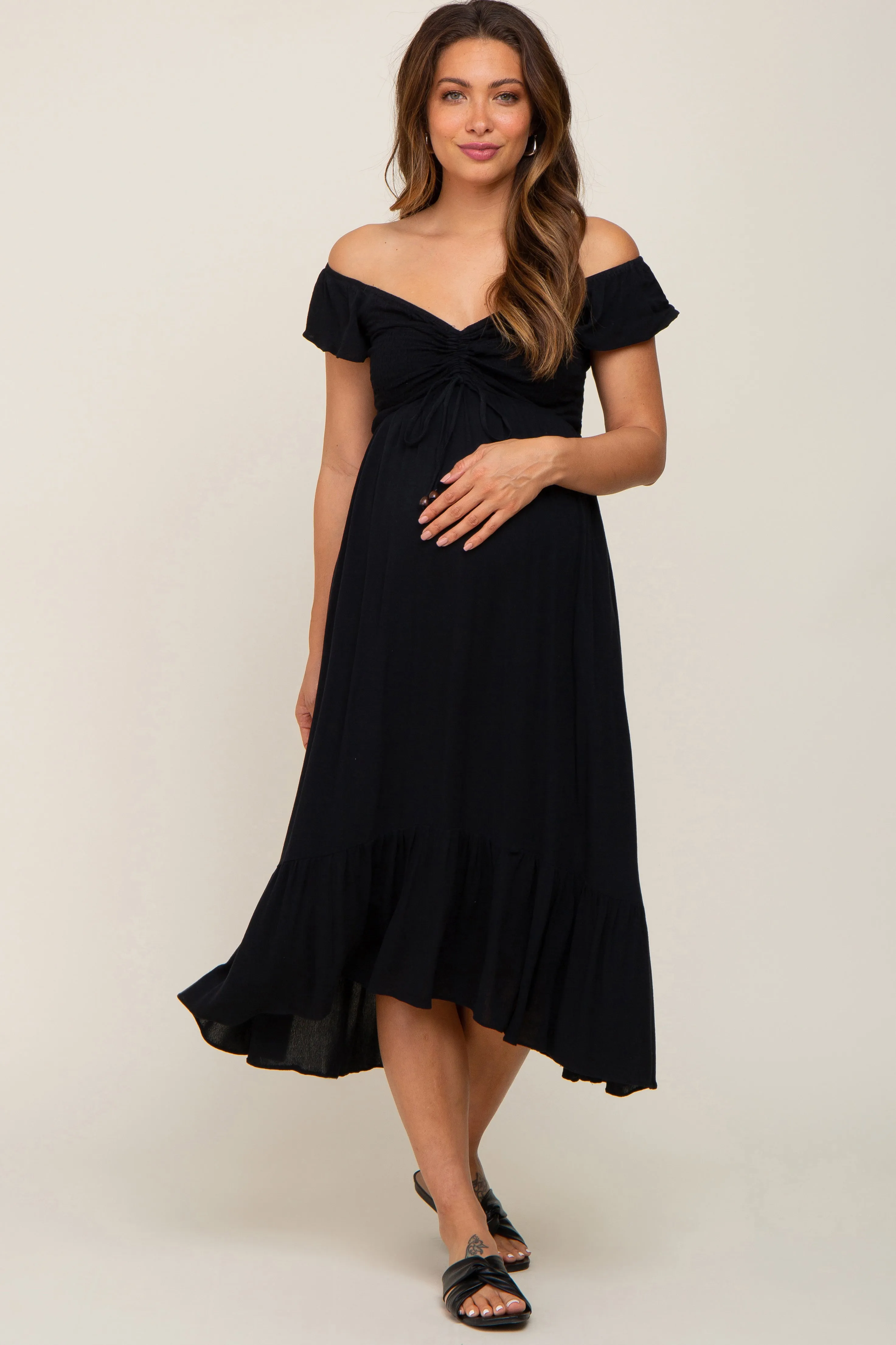 Black Smocked Ruched Ruffle Hem Maternity Maxi Dress sold by Pinkblush