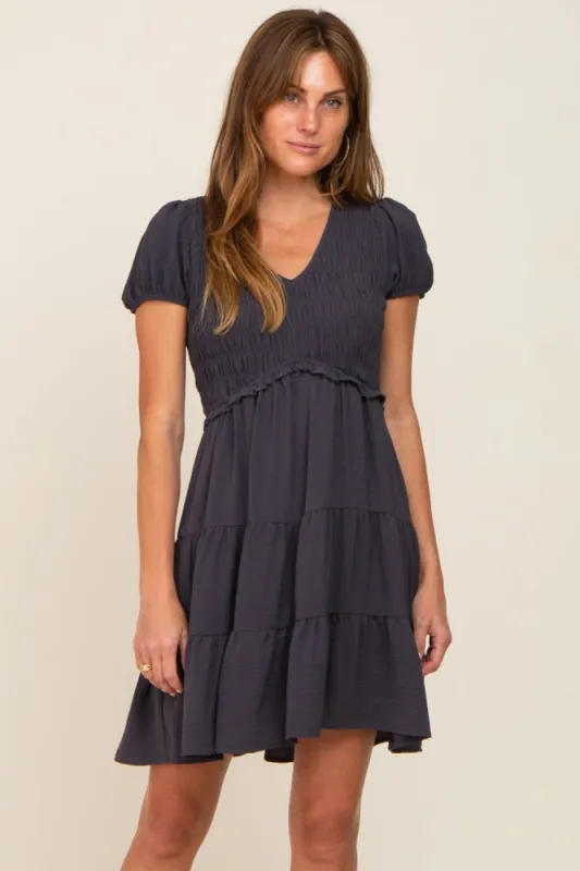 Charcoal Smocked Tiered Mini Dress sold by Pinkblush
