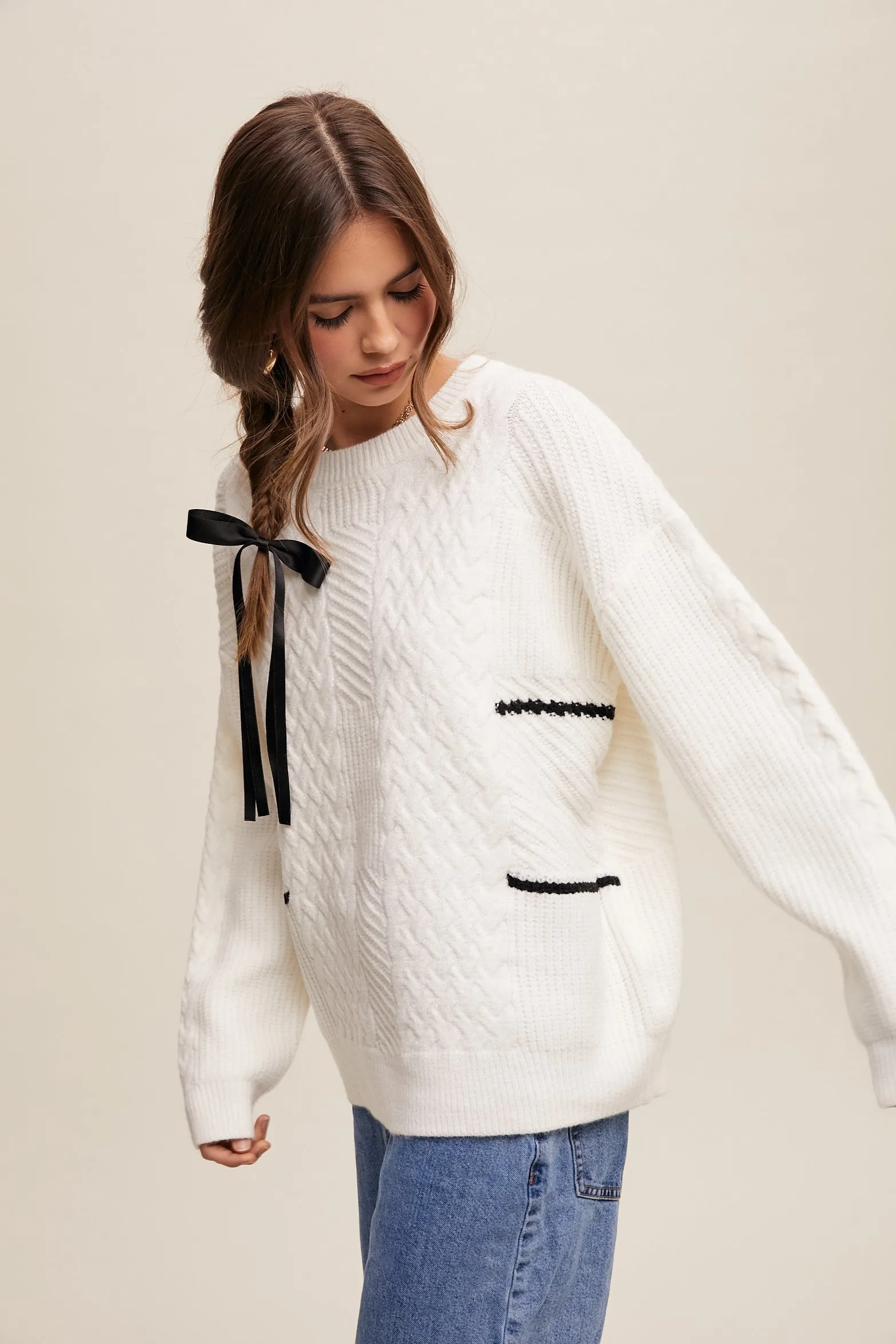 Ivory Striped Mixed Cable Knit Sweater sold by Pinkblush product image thumbnail 2