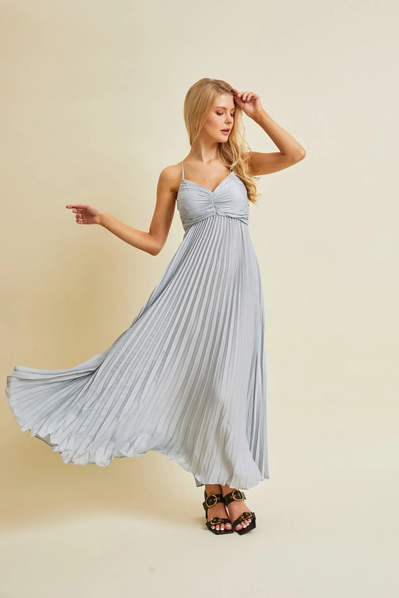 Silver Pleated Back Cutout Tie Maxi Dress sold by Pinkblush product image thumbnail 2