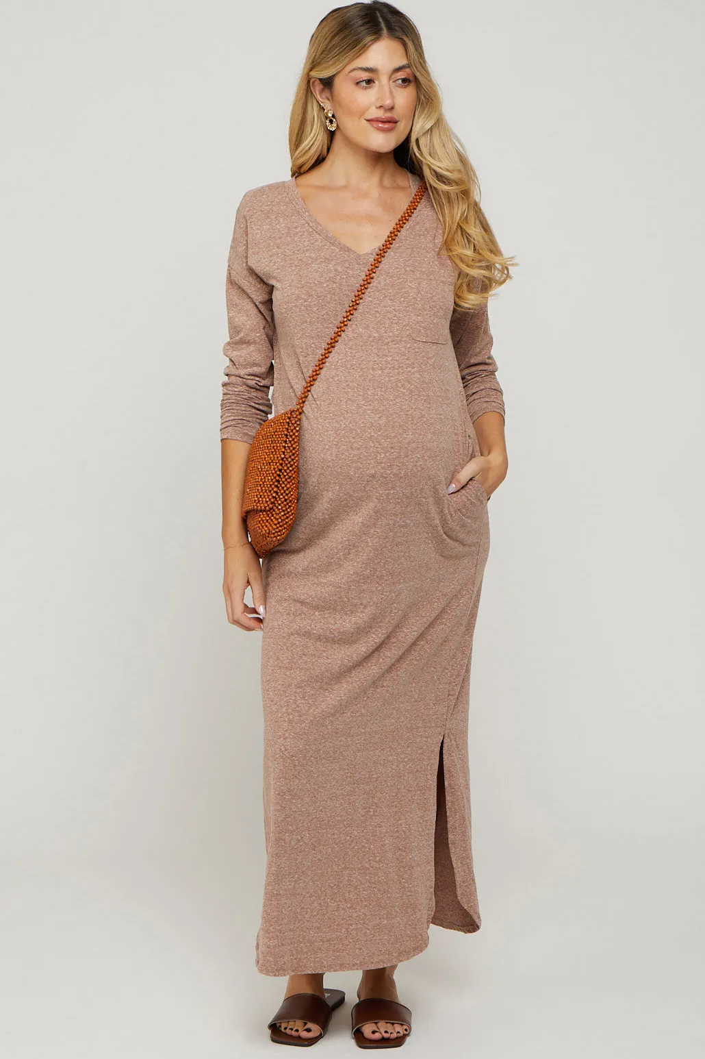 Mocha Heathered Pocketed Long Sleeve Maternity Maxi Dress sold by Pinkblush