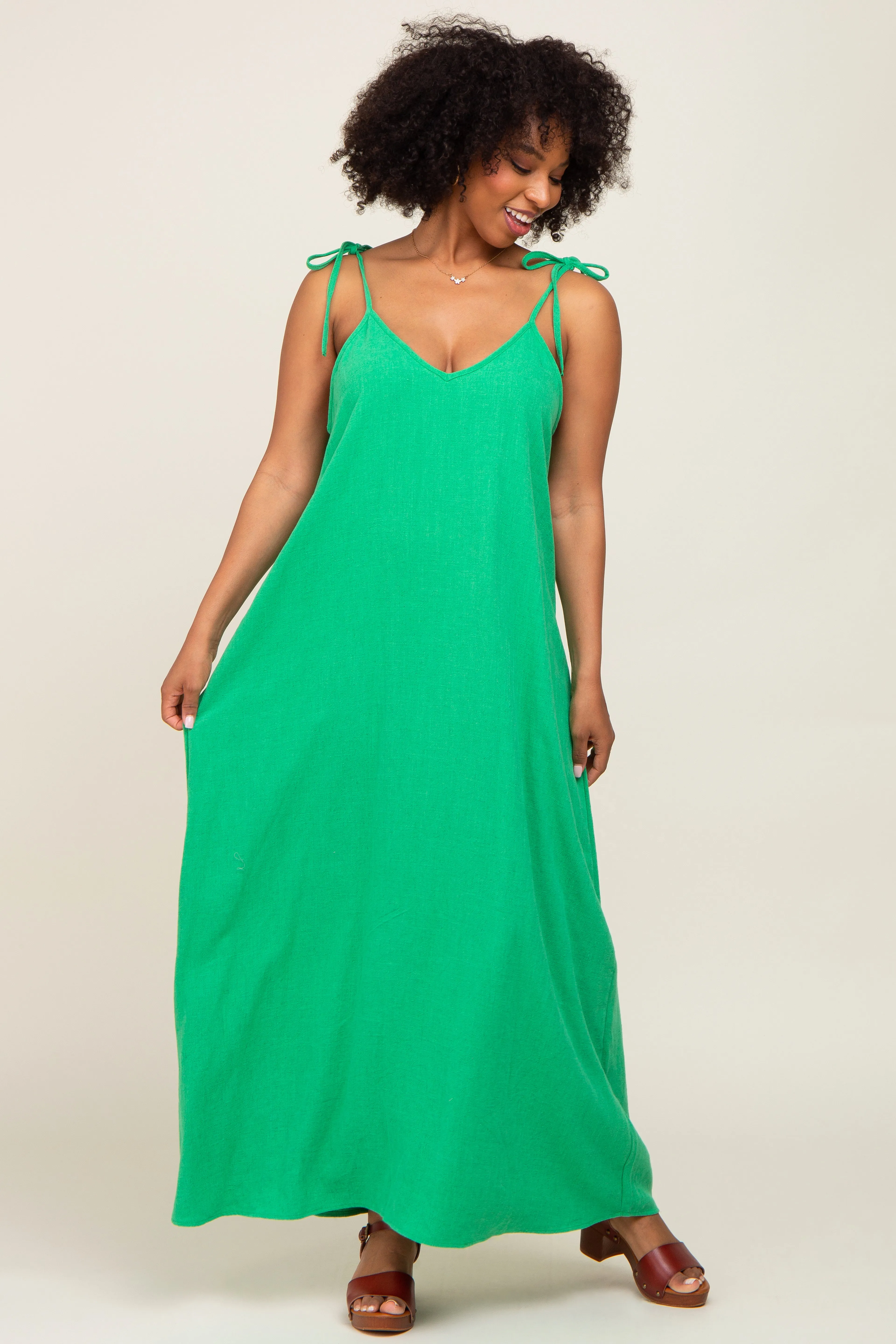 Green Linen V-Neck Tie Strap Maxi Dress sold by Pinkblush product image thumbnail 4