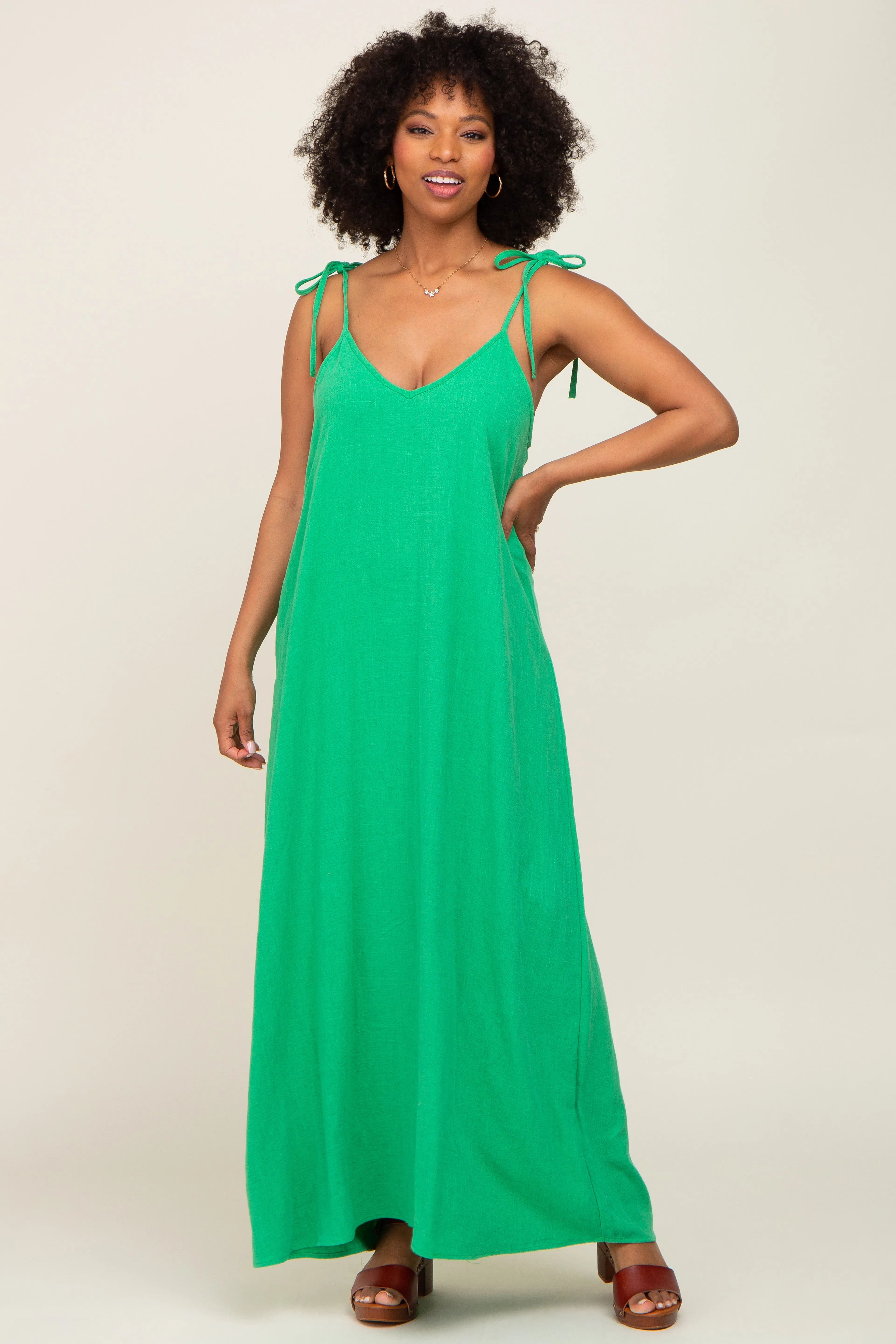 Green Linen V-Neck Tie Strap Maxi Dress sold by Pinkblush