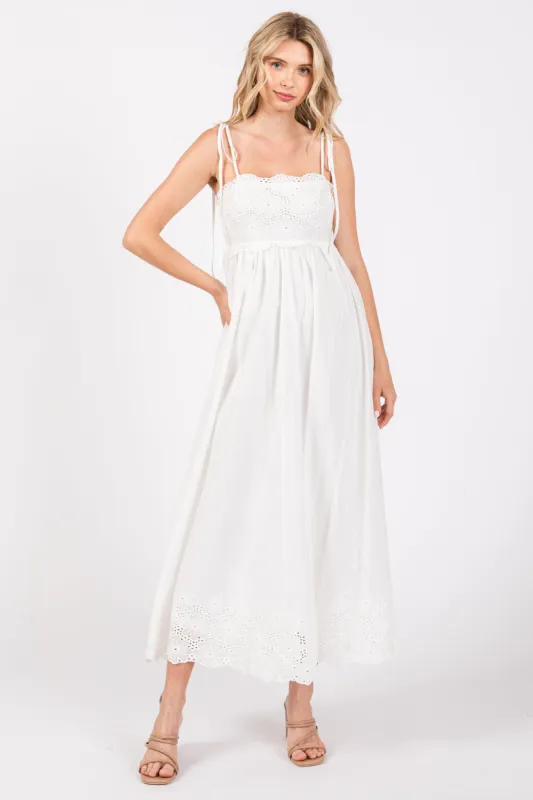 Ivory Eyelet Floral Shoulder Tie Dress sold by Pinkblush