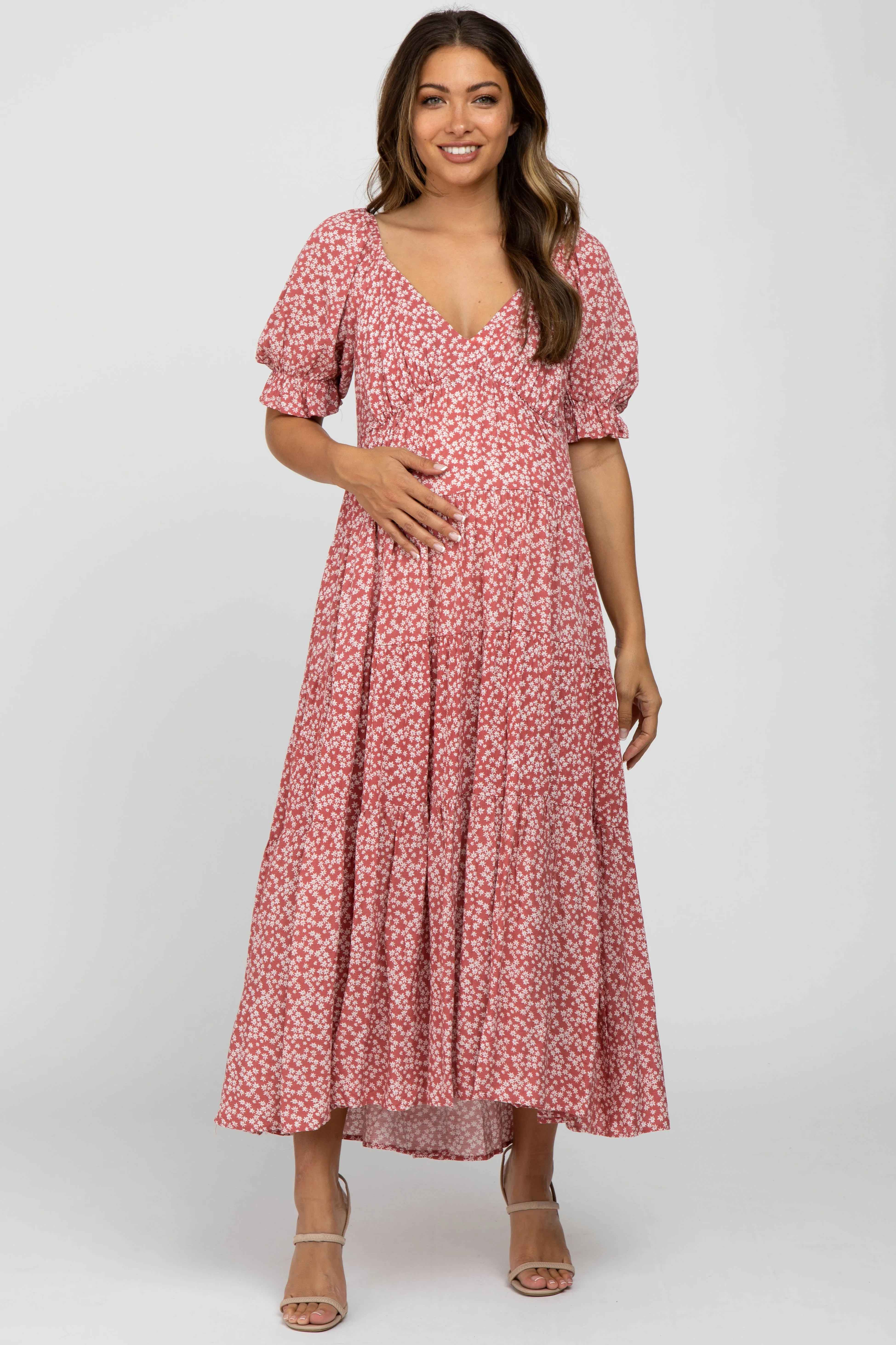 Pink Floral Floral V-Neck Ruffle Sleeve Maternity Midi Dress sold by Pinkblush