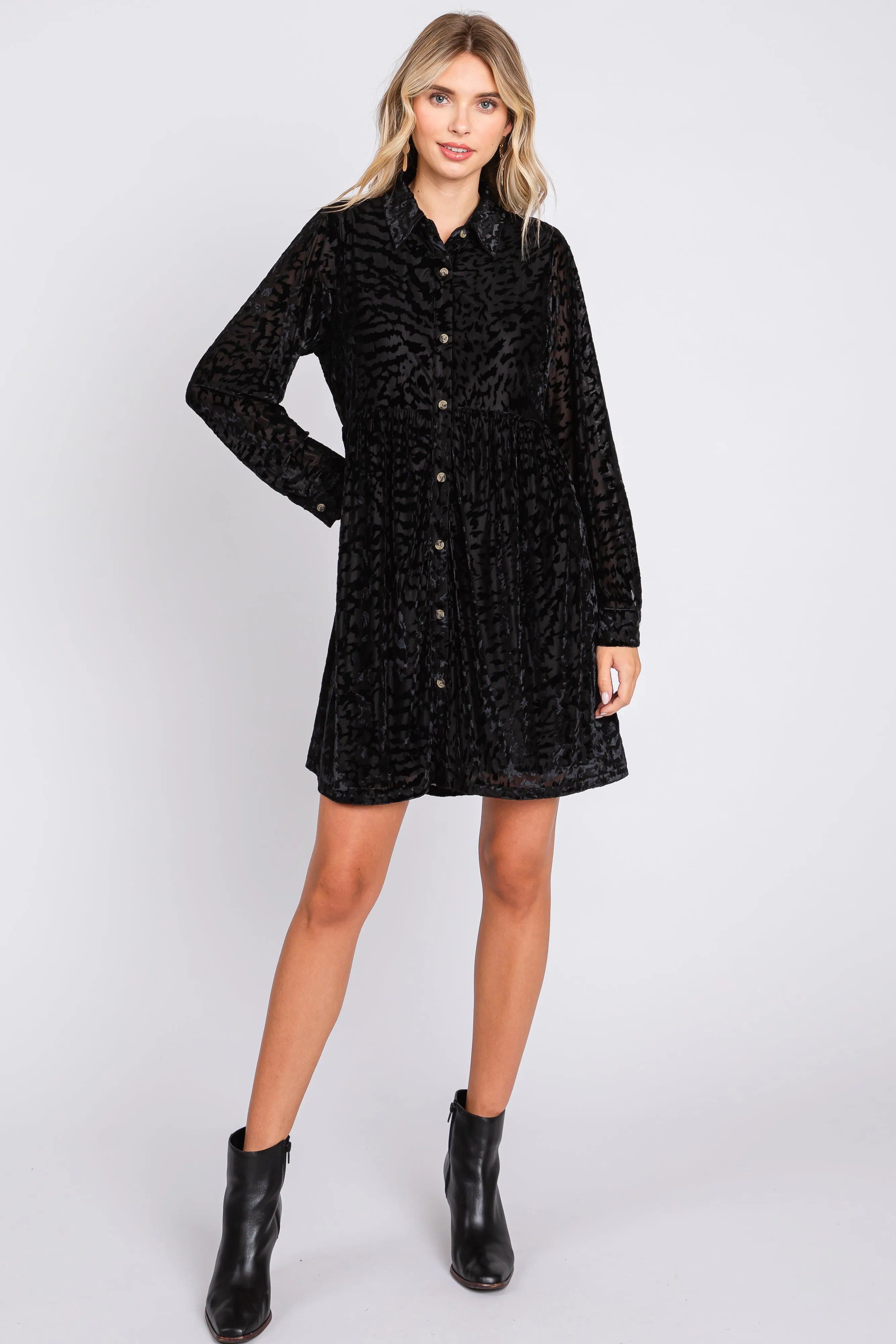 Black Burnout Velvet Button Up Dress sold by Pinkblush product image thumbnail 4