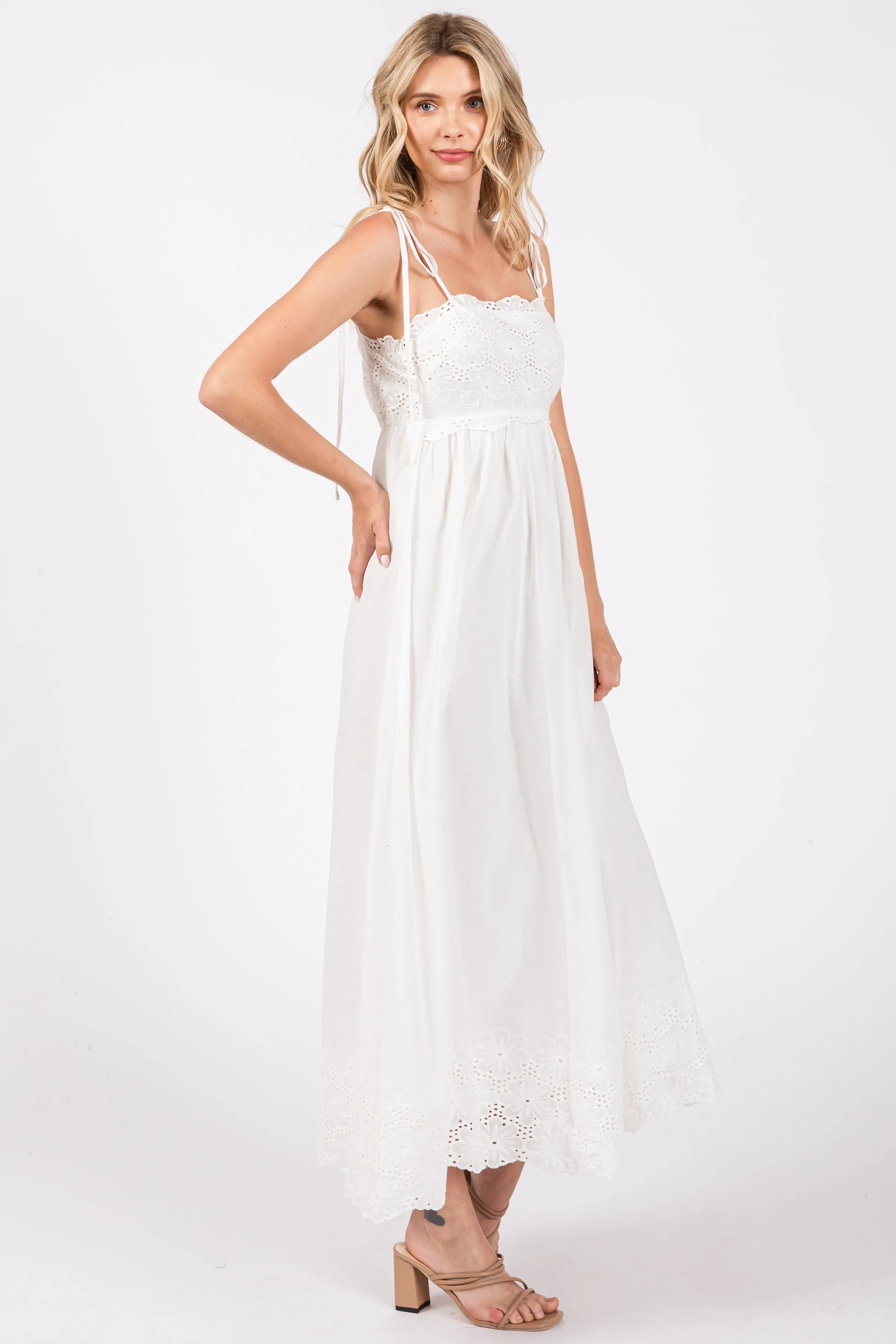 Ivory Eyelet Floral Shoulder Tie Dress sold by Pinkblush product image thumbnail 2