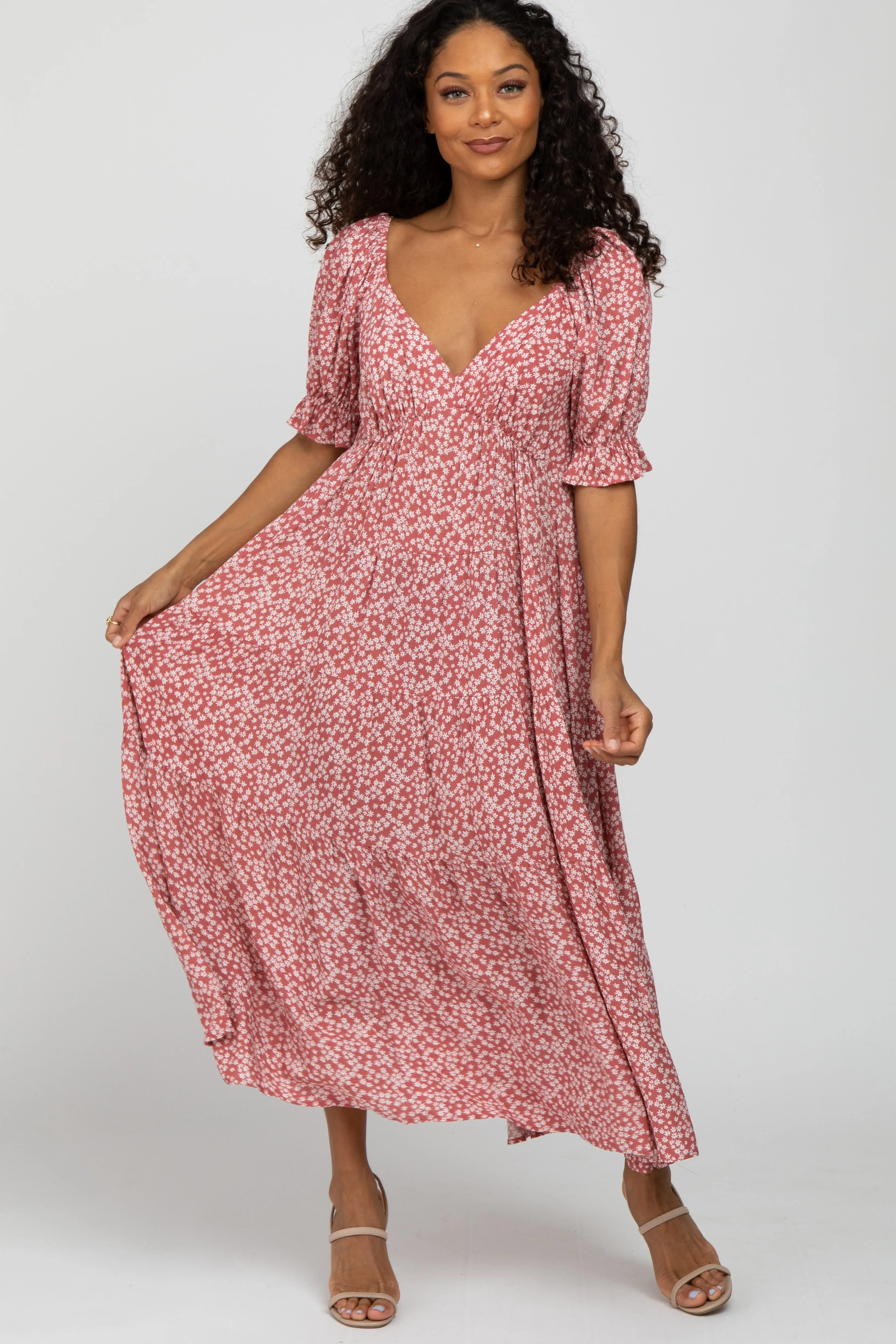 Pink Floral Floral V-Neck Ruffle Sleeve Maternity Midi Dress sold by Pinkblush product image thumbnail 5