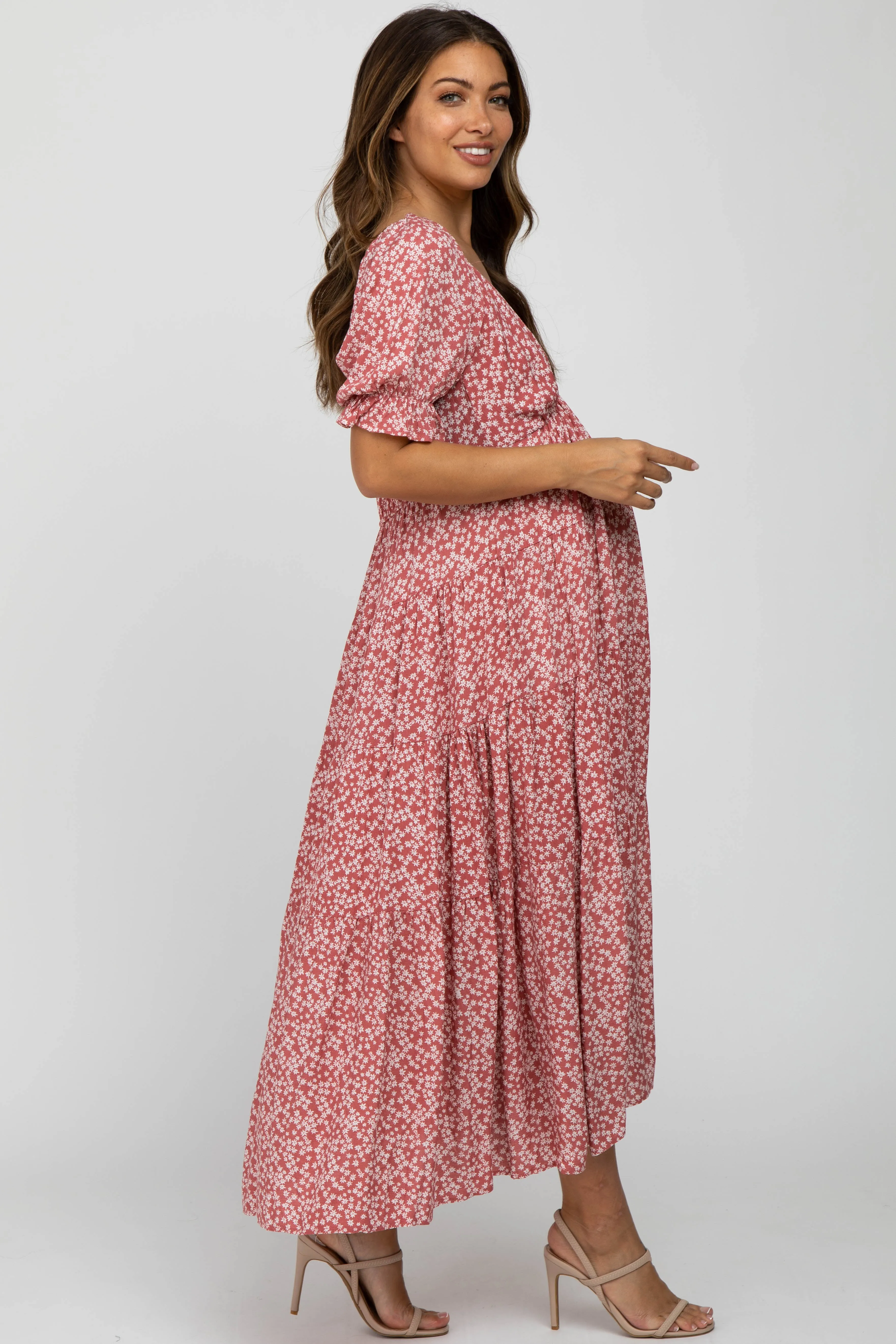 Pink Floral Floral V-Neck Ruffle Sleeve Maternity Midi Dress sold by Pinkblush product image thumbnail 2