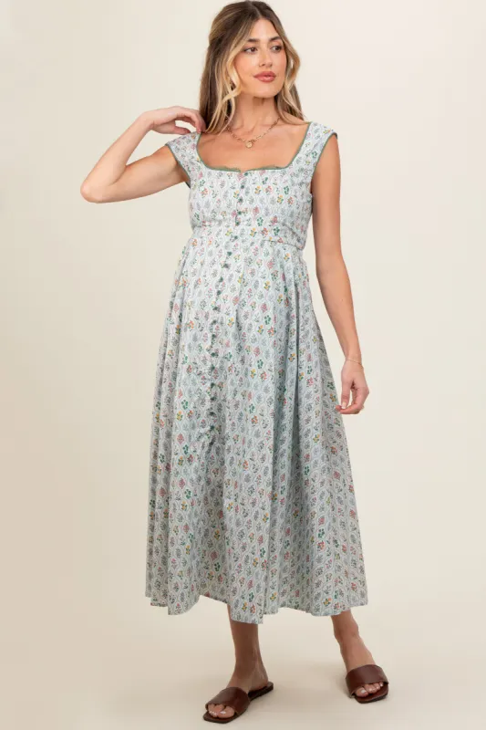 Light Blue Floral Button Front Sleeveless Maternity Maxi Dress sold by Pinkblush