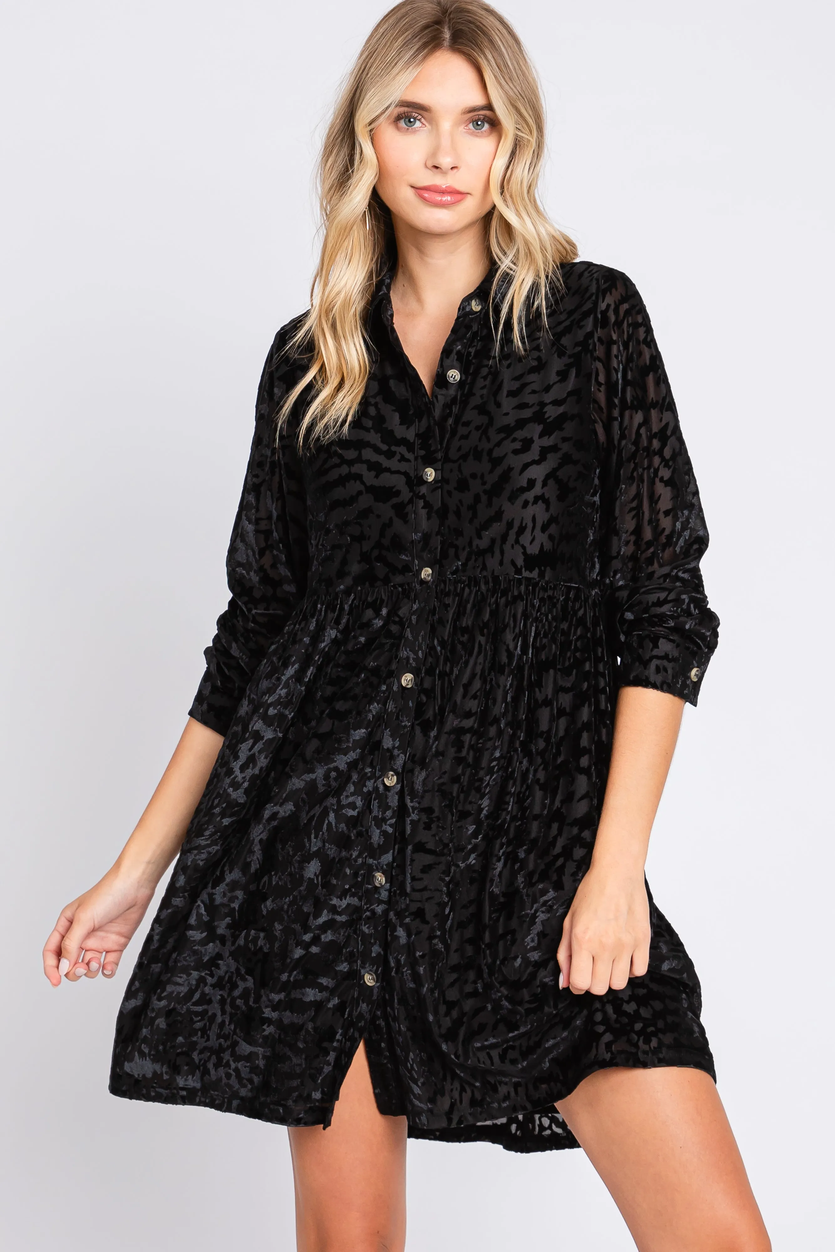 Black Burnout Velvet Button Up Dress sold by Pinkblush product image thumbnail 5