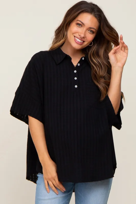 Black Striped Collared Maternity Top sold by Pinkblush