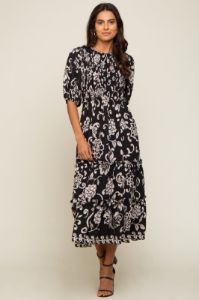 Black Floral Smocked Ruffle Tiered Midi Dress sold by Pinkblush