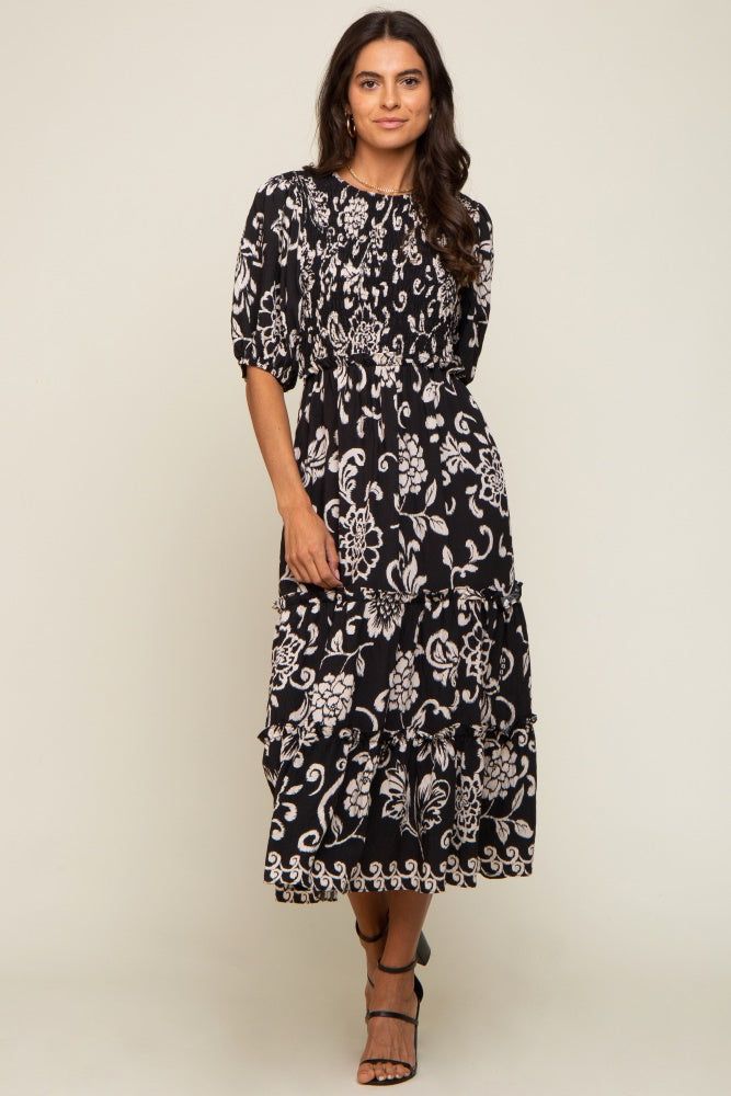 Black Floral Smocked Ruffle Tiered Midi Dress sold by Pinkblush product image thumbnail 5