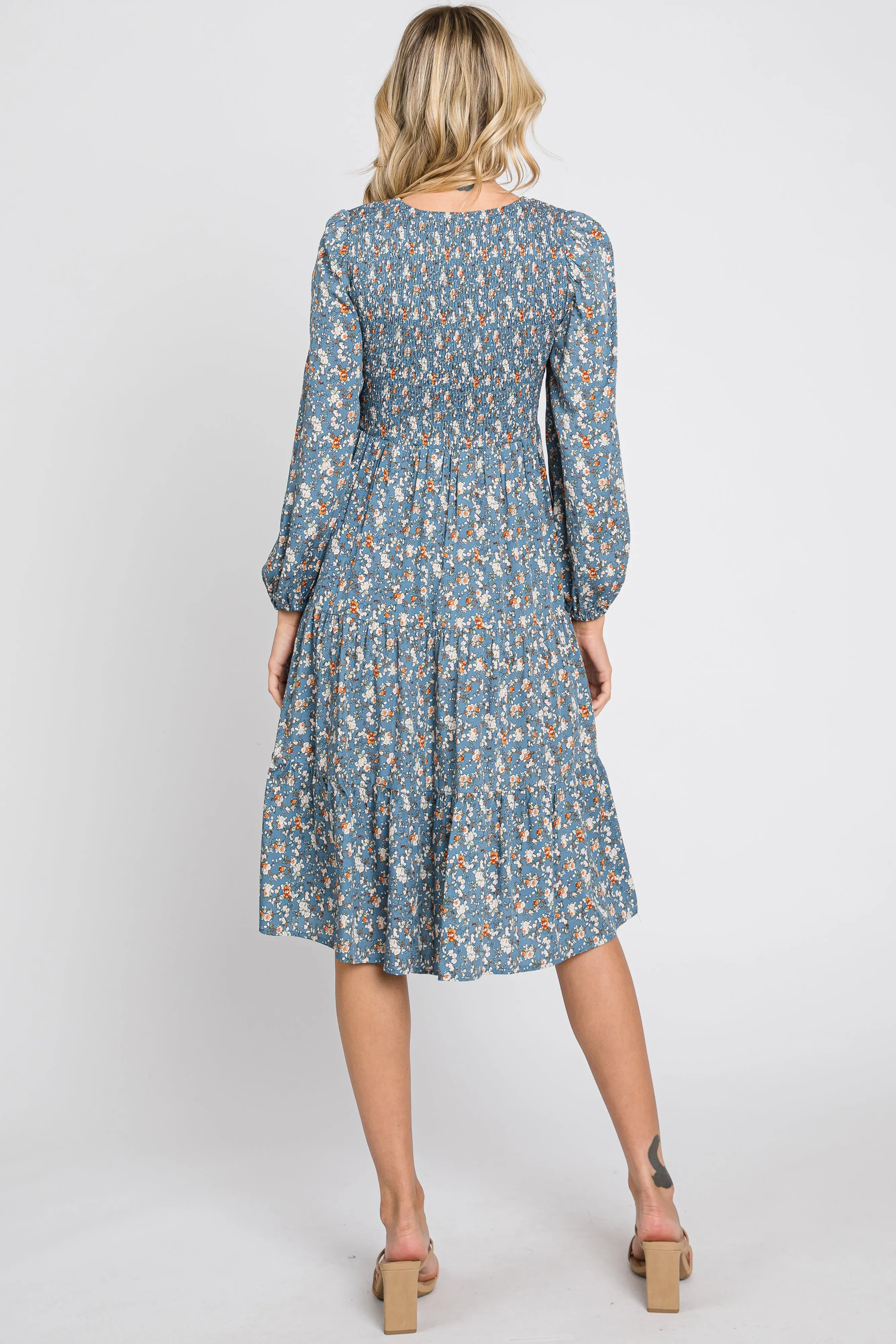 Blue Floral Smocked 3/4 Sleeve Tiered Midi Dress sold by Pinkblush product image thumbnail 4