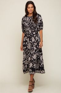 Black Floral Smocked Ruffle Tiered Midi Dress sold by Pinkblush