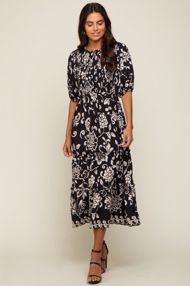 Black Floral Smocked Ruffle Tiered Midi Dress sold by Pinkblush product image thumbnail 2