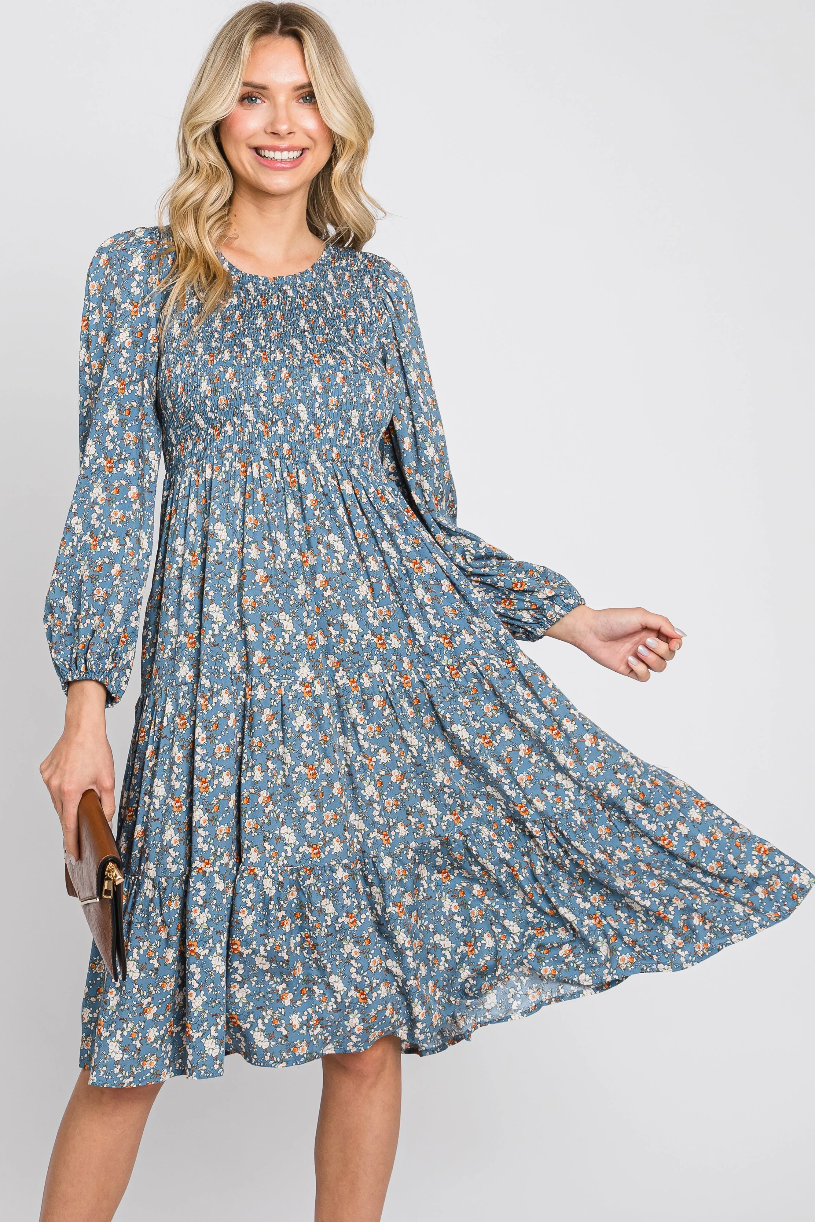 Blue Floral Smocked 3/4 Sleeve Tiered Midi Dress sold by Pinkblush