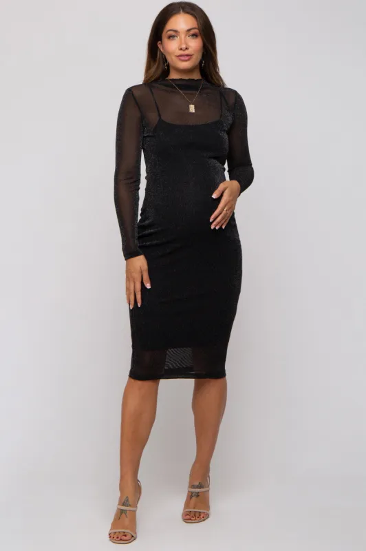 Black Shimmer Mesh Long Sleeve Maternity Dress sold by Pinkblush