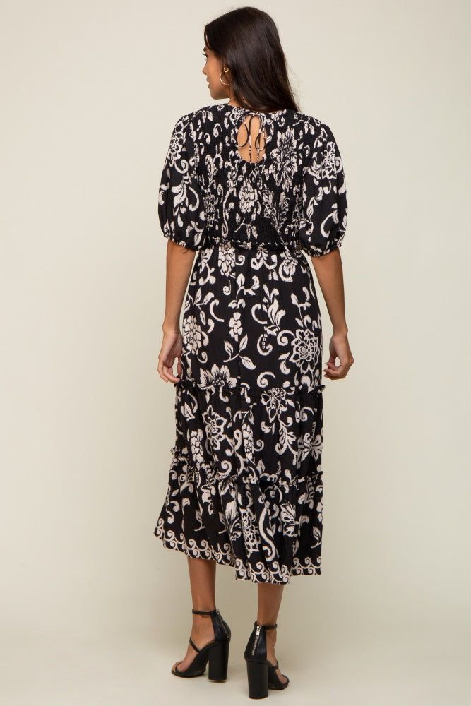 Black Floral Smocked Ruffle Tiered Midi Dress sold by Pinkblush product image thumbnail 3